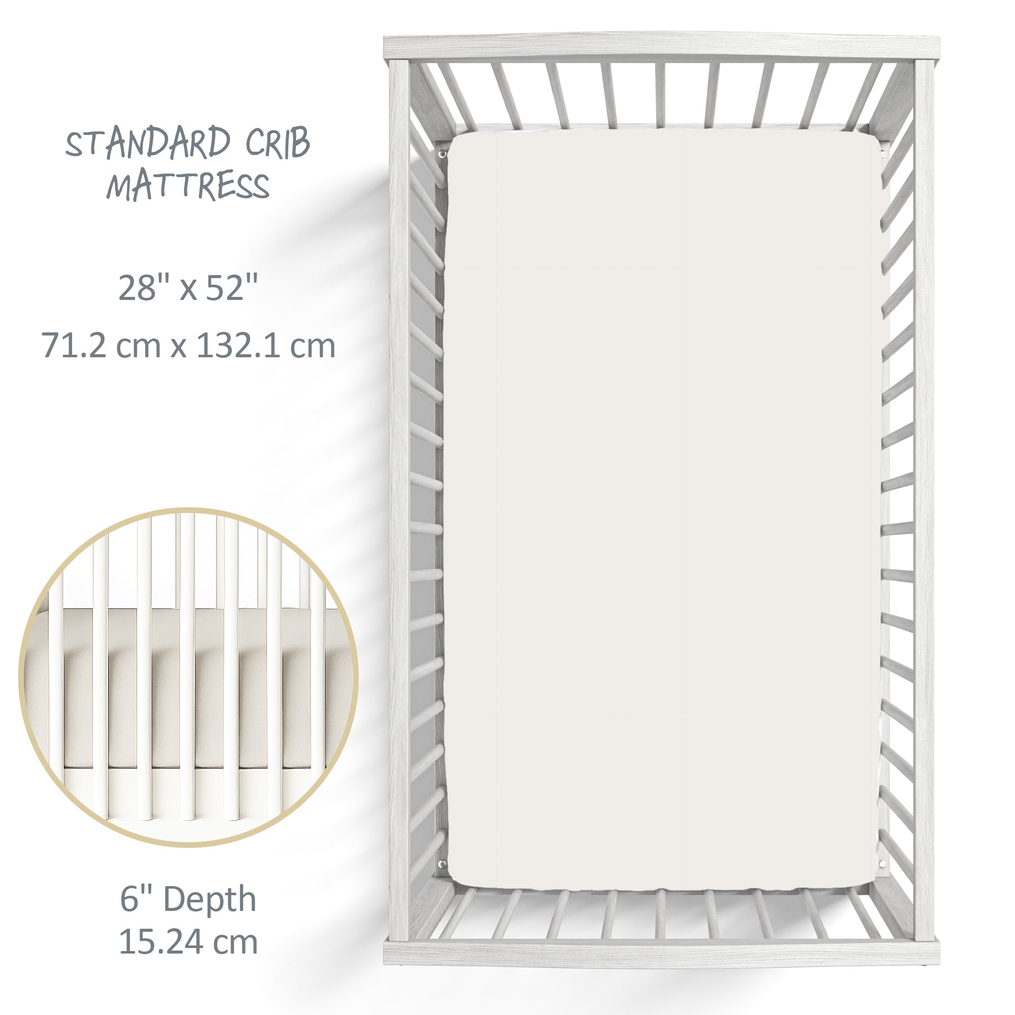 White crib with mattress dimensions displayed on a white background