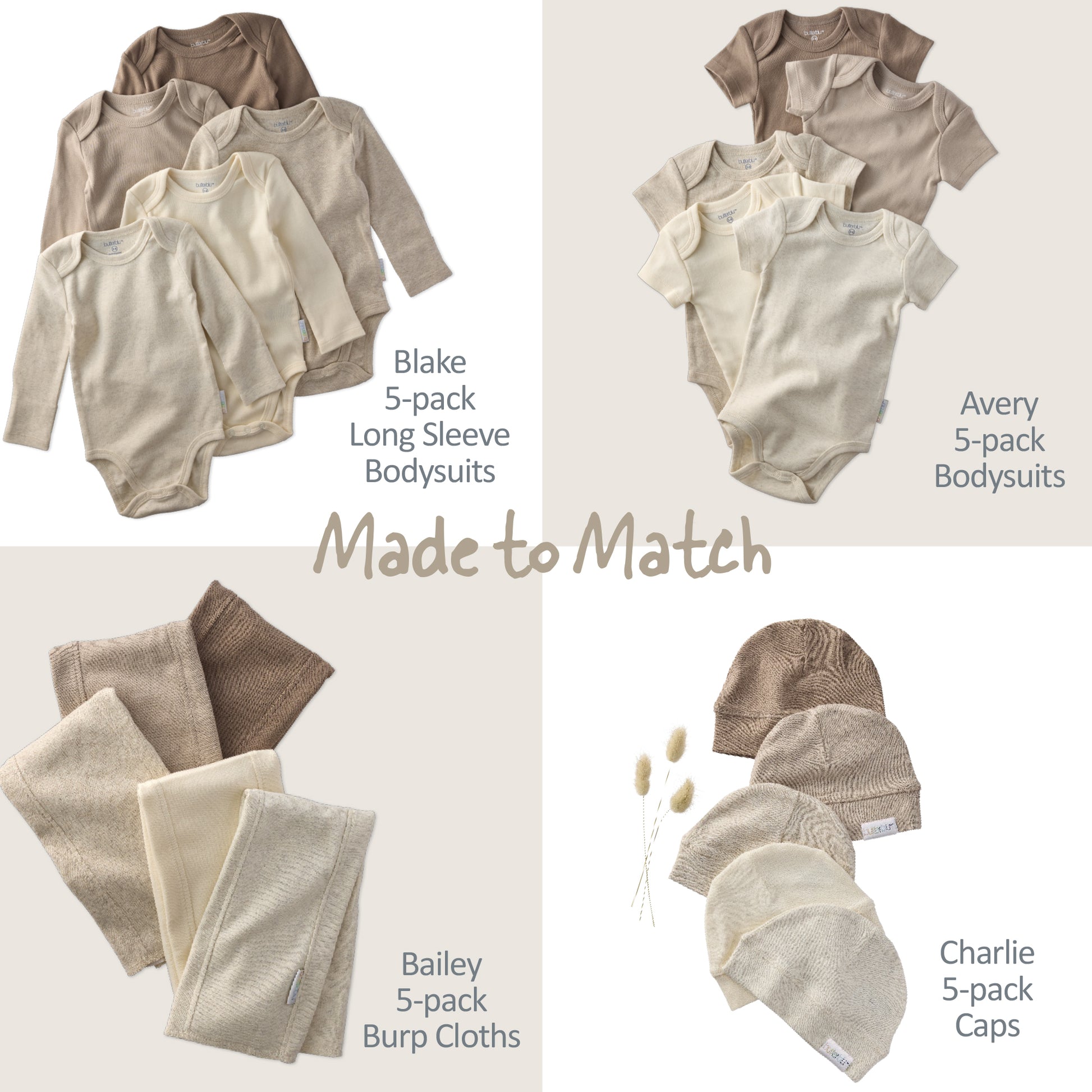 Collection of baby clothing including bodysuits, burp cloths, and caps with text indicating matching sets.