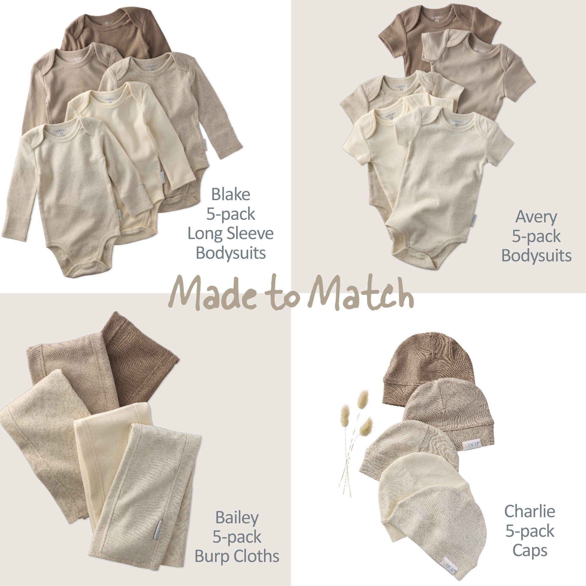 Collection of baby clothing including bodysuits, burp cloths, and caps with text indicating matching sets.