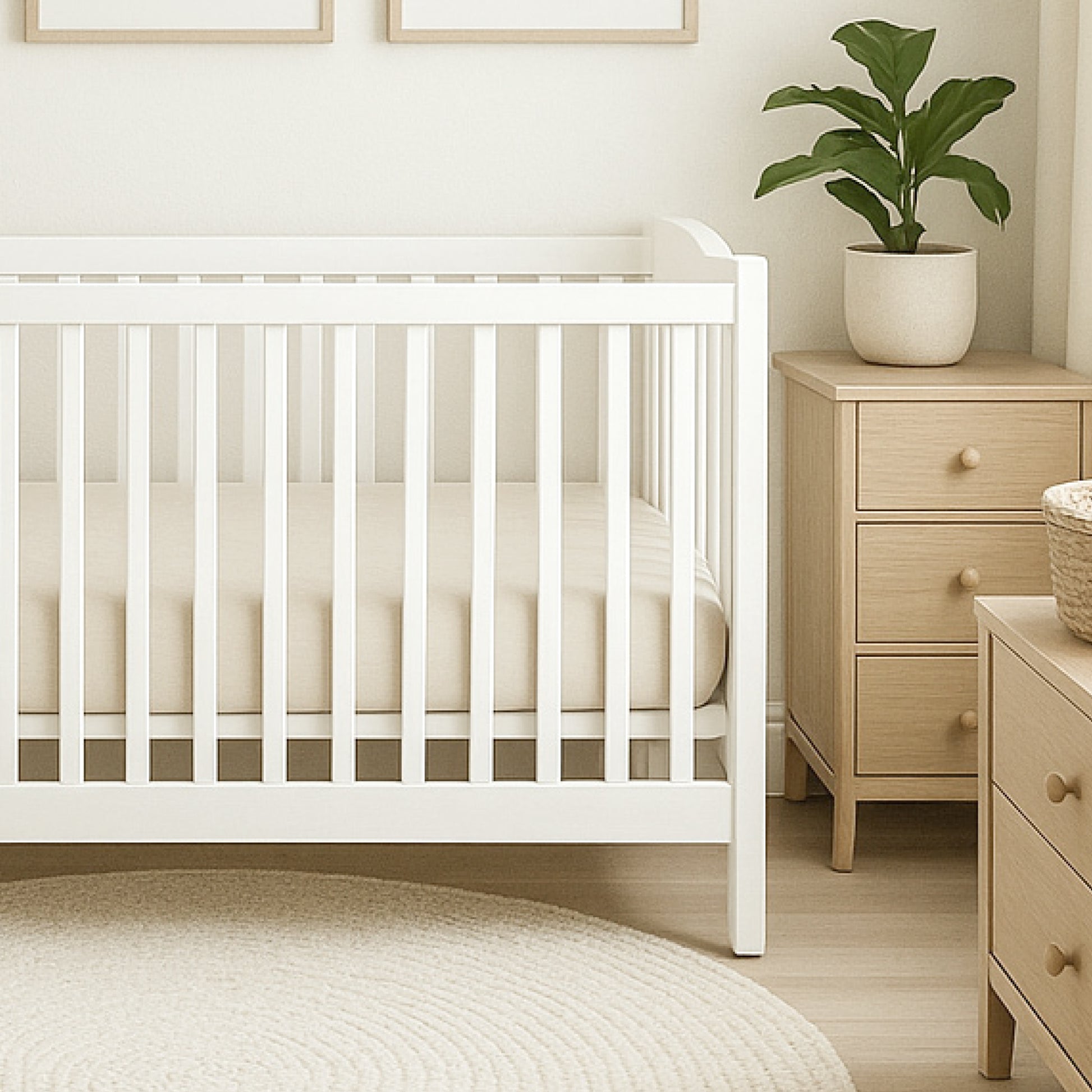 Nursery room with a white crib, wooden dresser, and potted plant.
