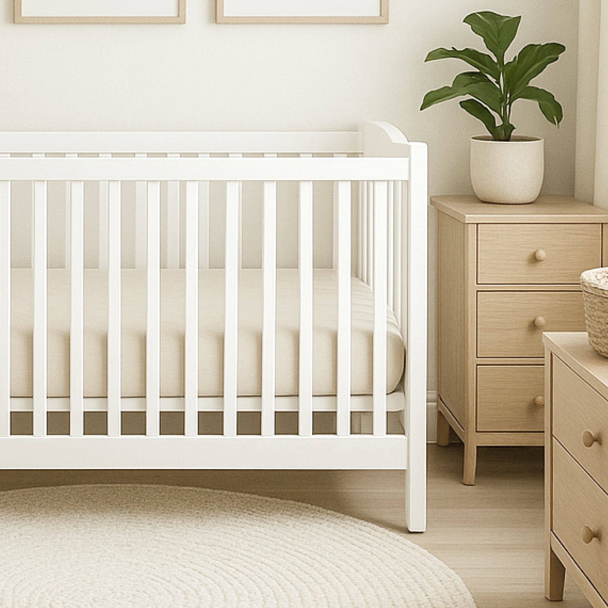 Nursery room with a white crib, wooden dresser, and potted plant.