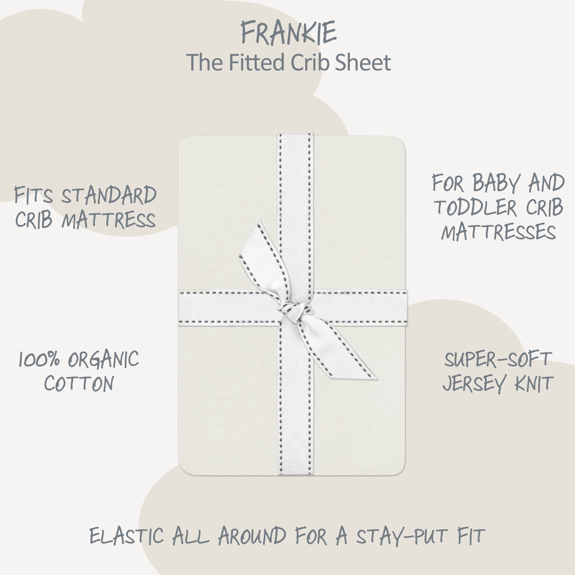 Fitted crib sheet packaging with product details on a white background