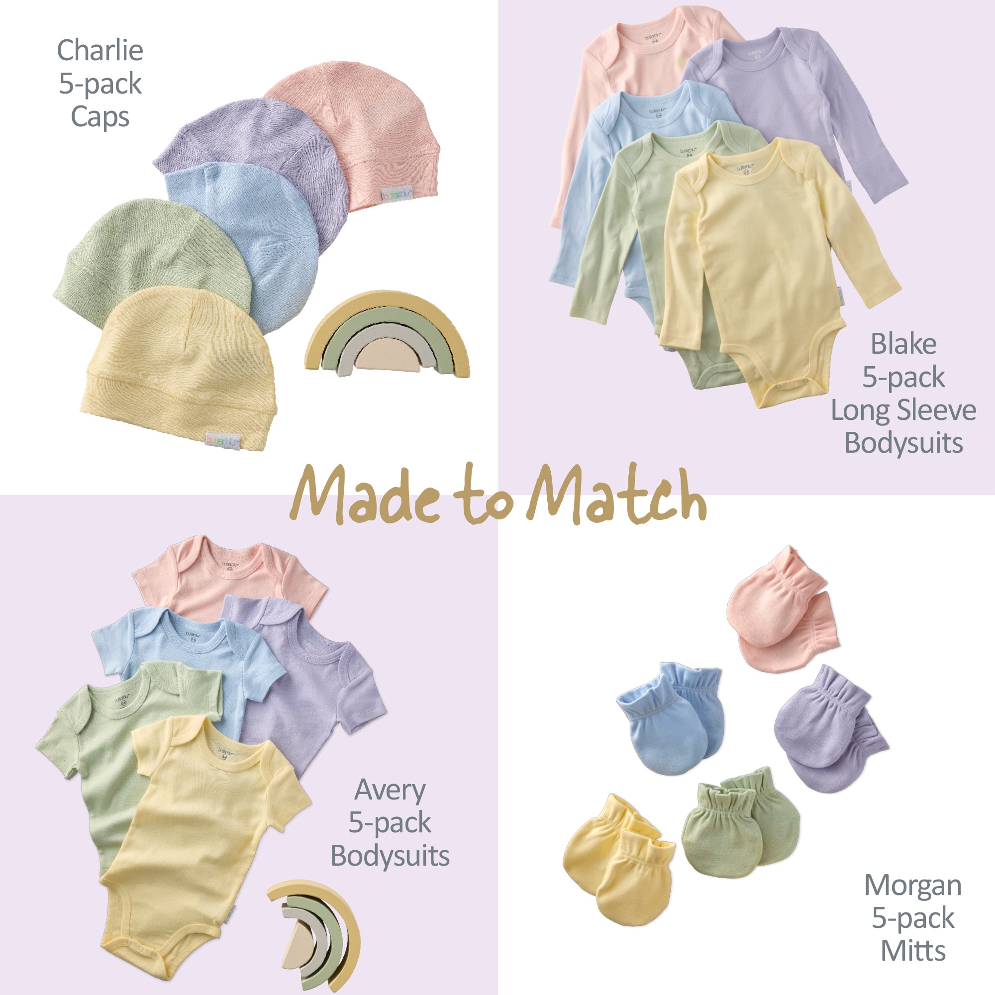 Collage of Charlie caps, Blake onesies, Avery Bodysuits, and Morgan mitts all in Haze