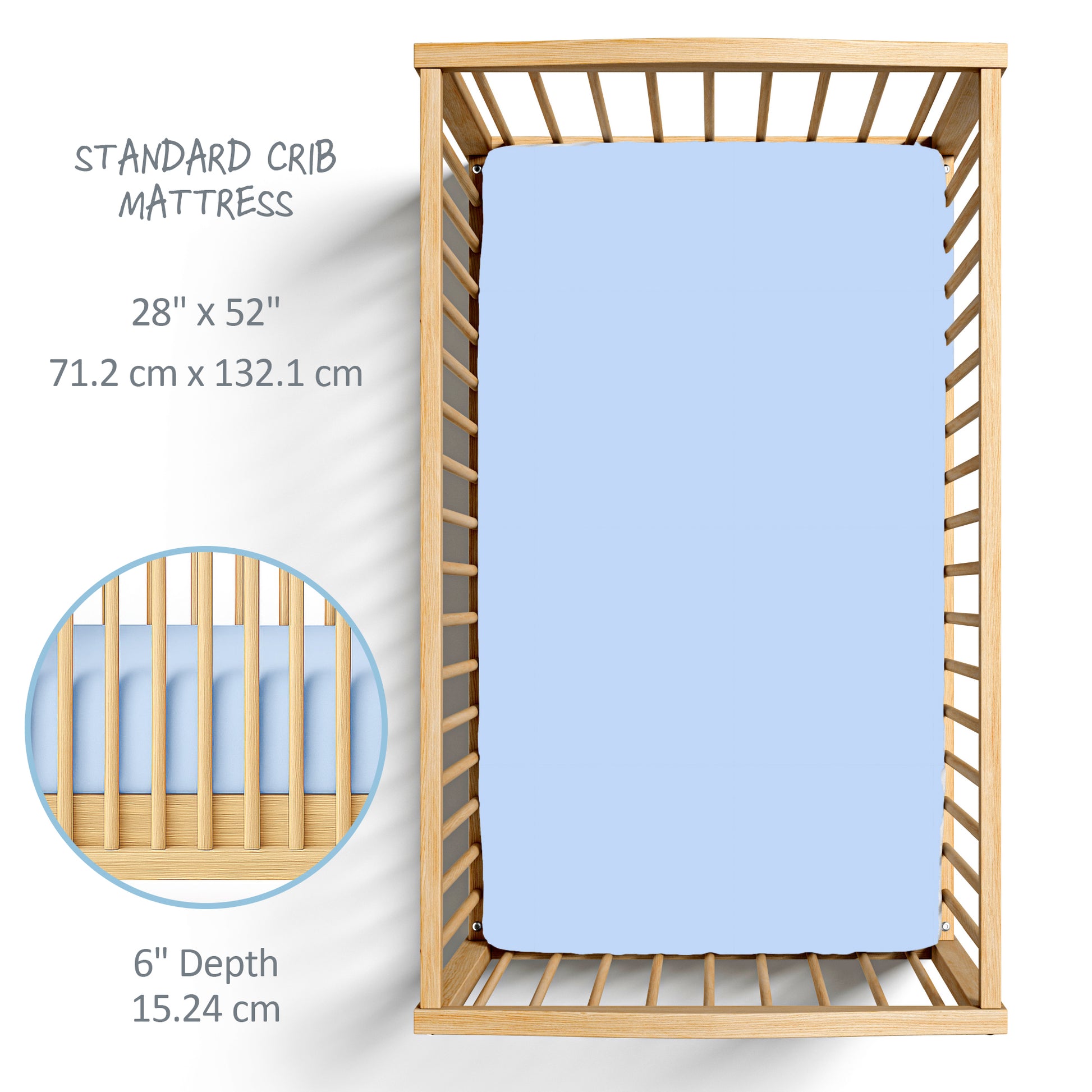 Wooden crib with a blue mattress and dimensions displayed.