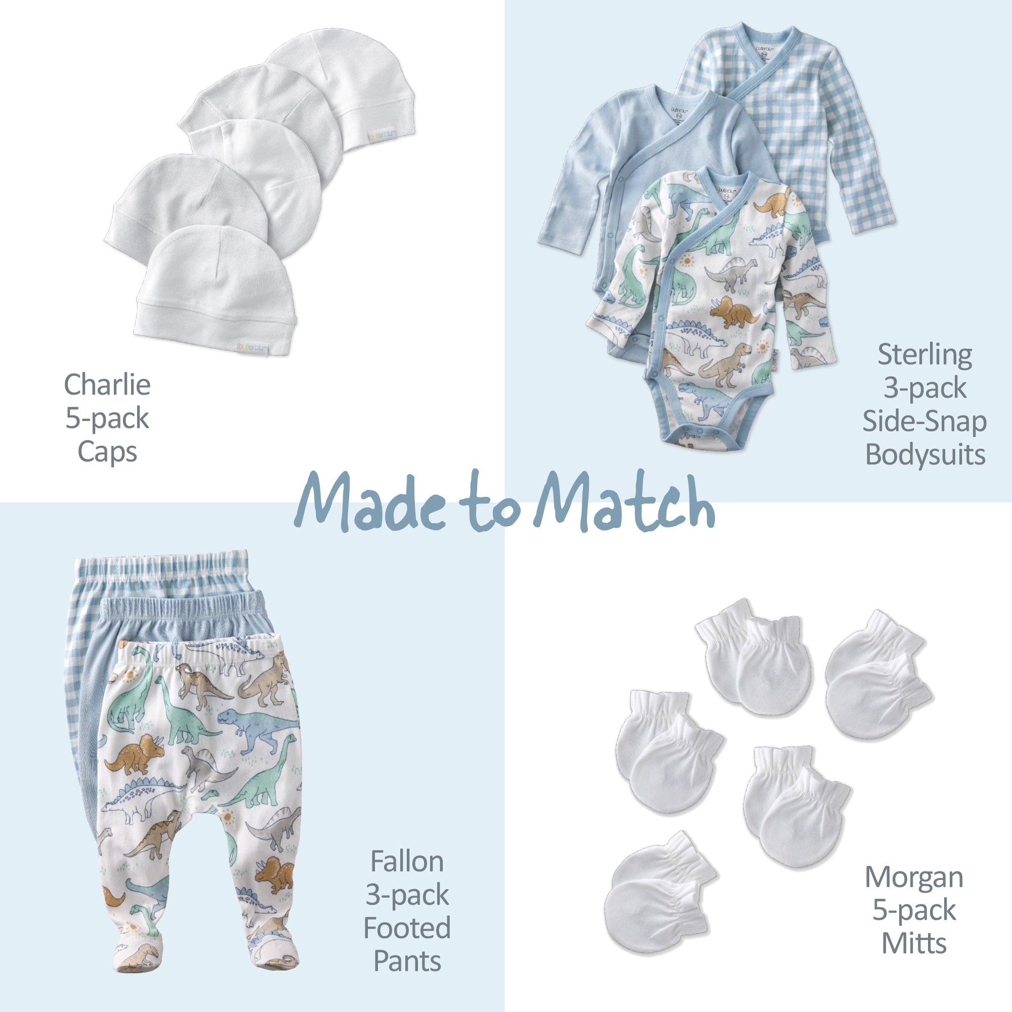 Baby clothing set with caps, bodysuits, pants, and mittens on a light blue background.
