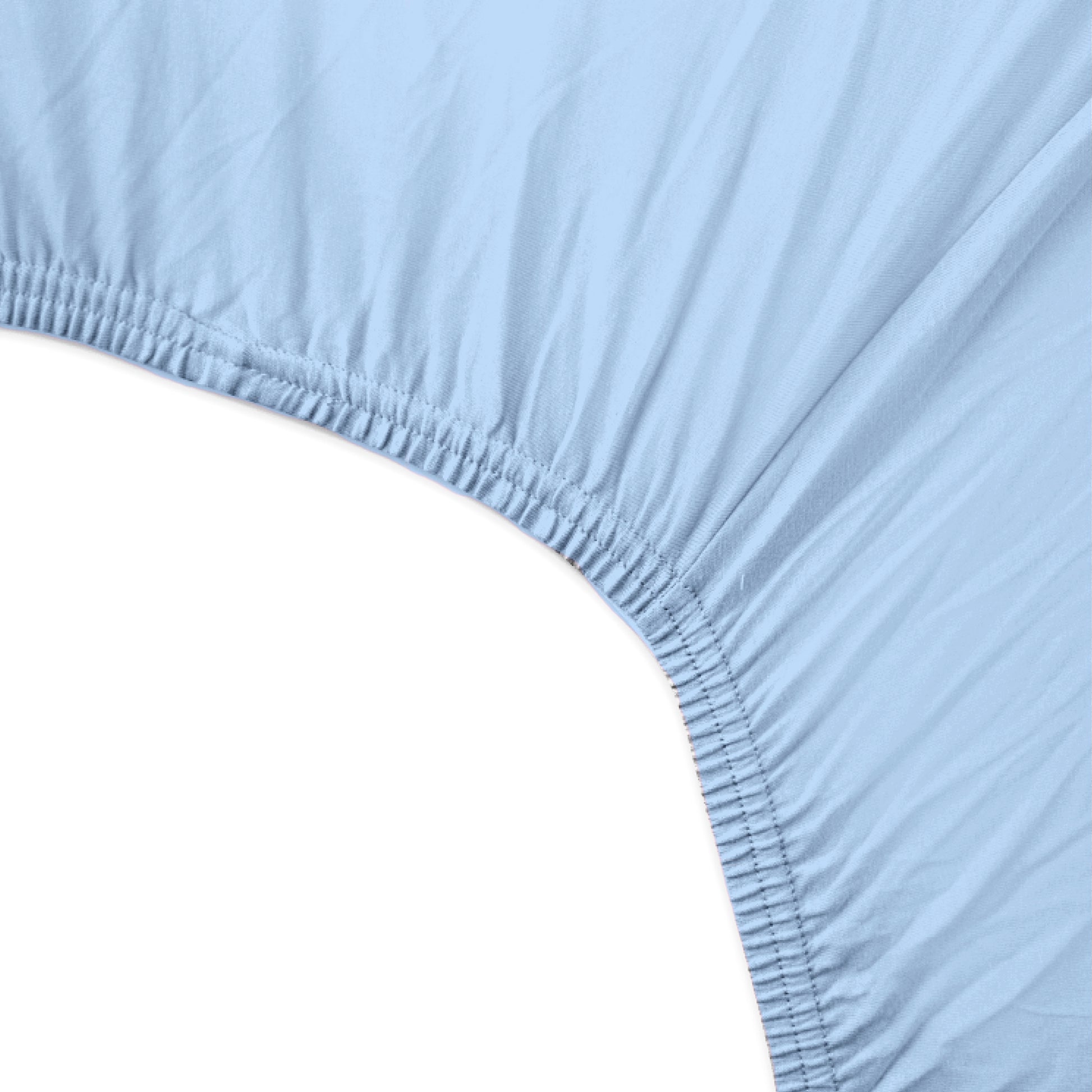 Close-up of a light blue fitted sheet with a white background