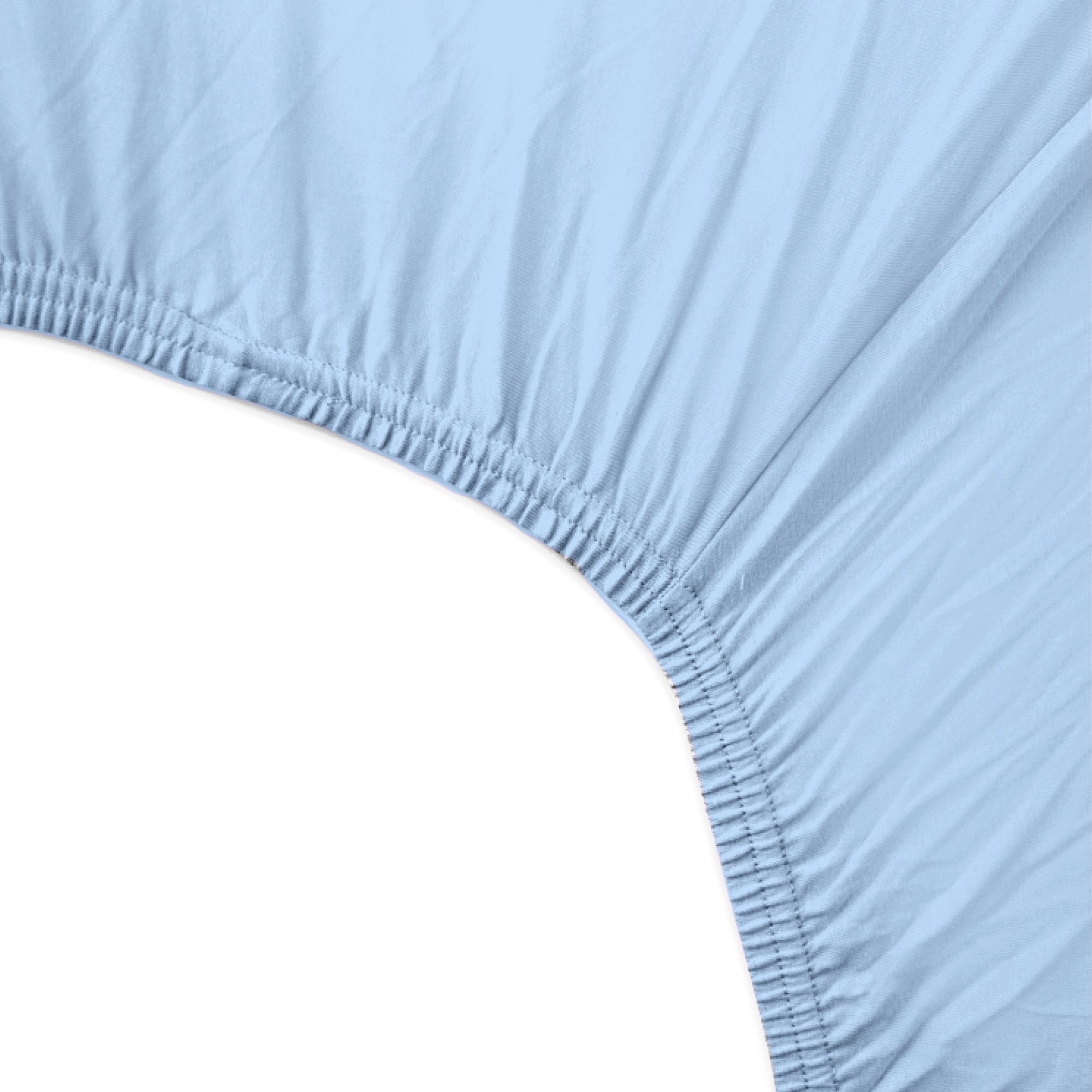 Close-up of a light blue fitted sheet with a white background