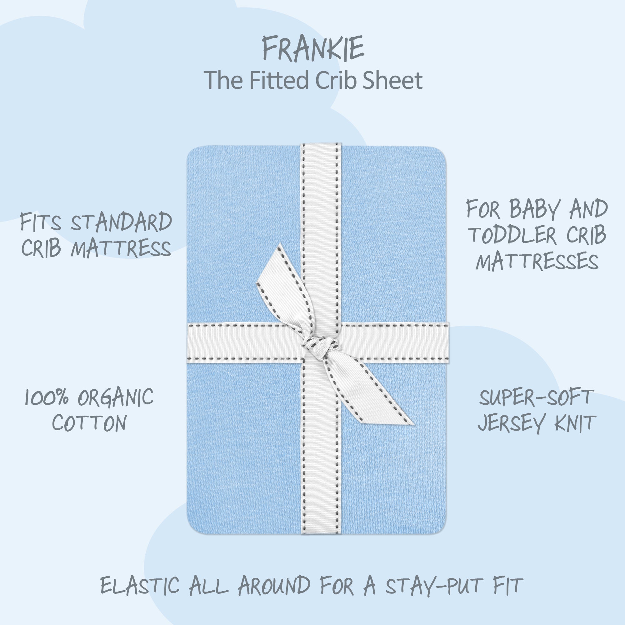 Fitted crib sheet packaging with text detailing features on a light blue background