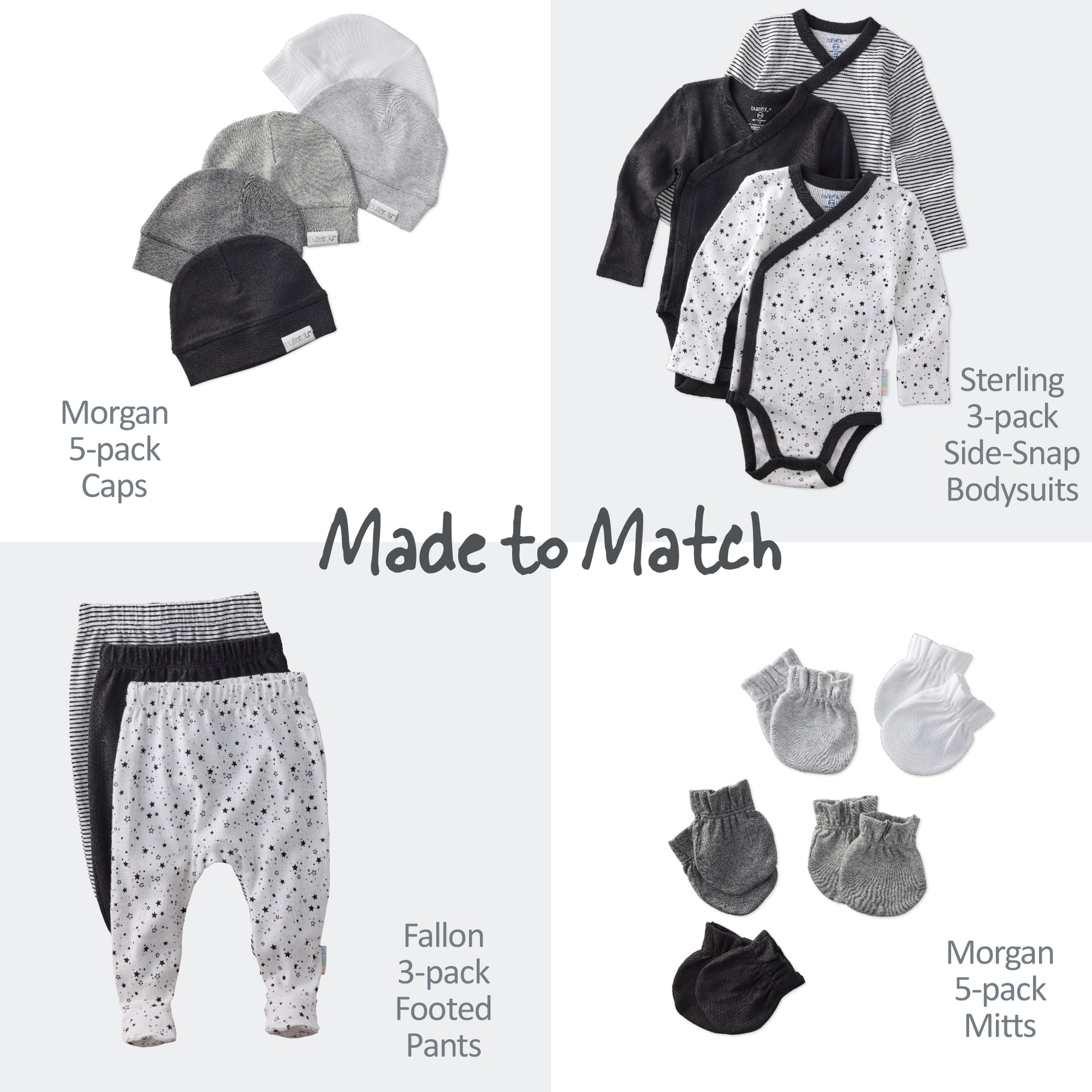 Baby clothing set with caps, bodysuits, pants, and mittens on a white background.