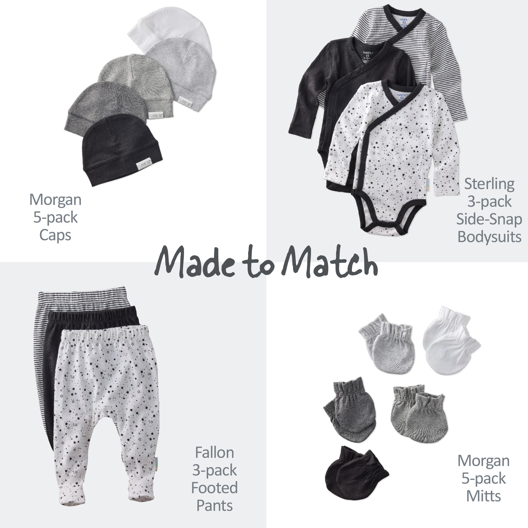 Baby clothing set with caps, bodysuits, pants, and mittens on a white background.