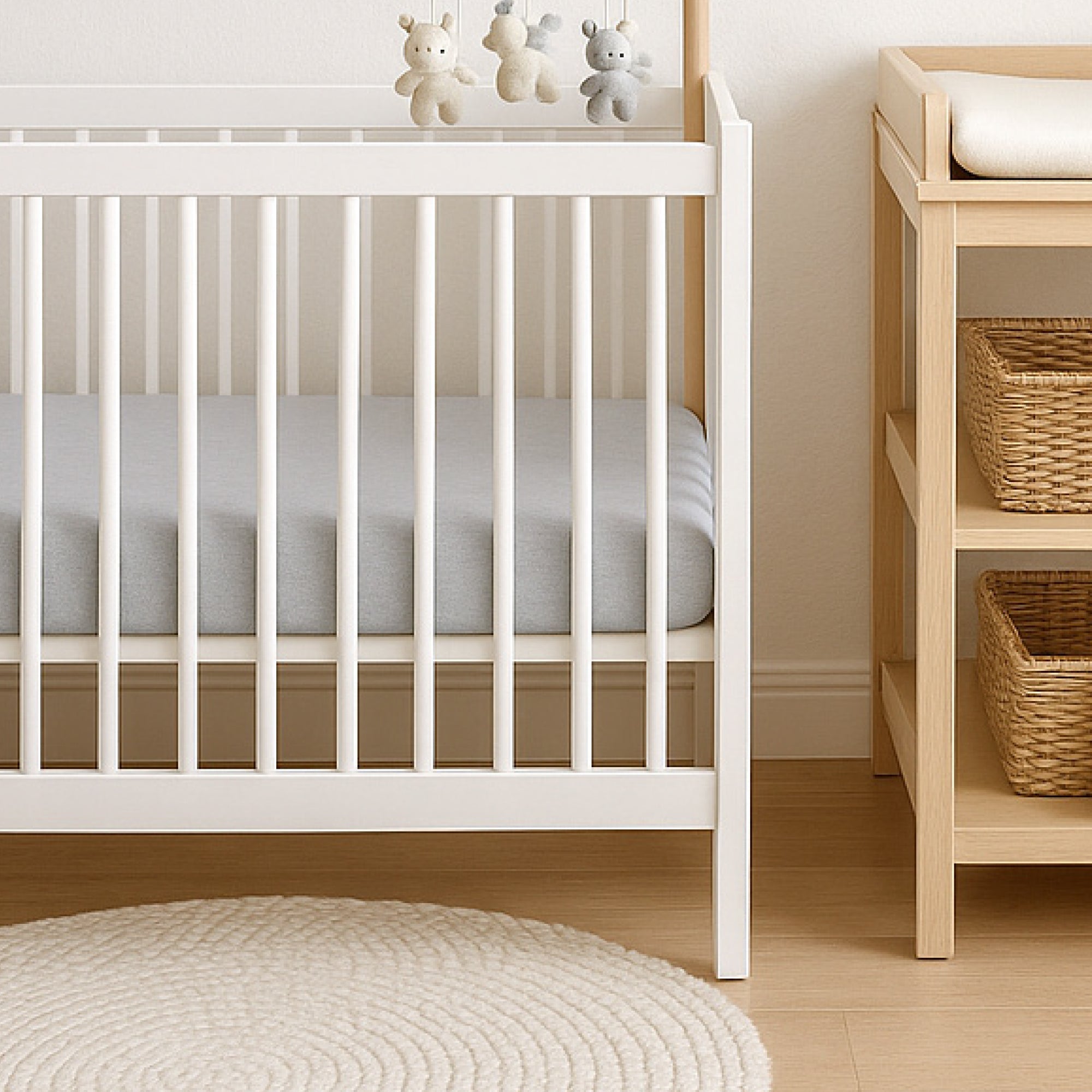 White crib with a wooden changing table in a nursery setting