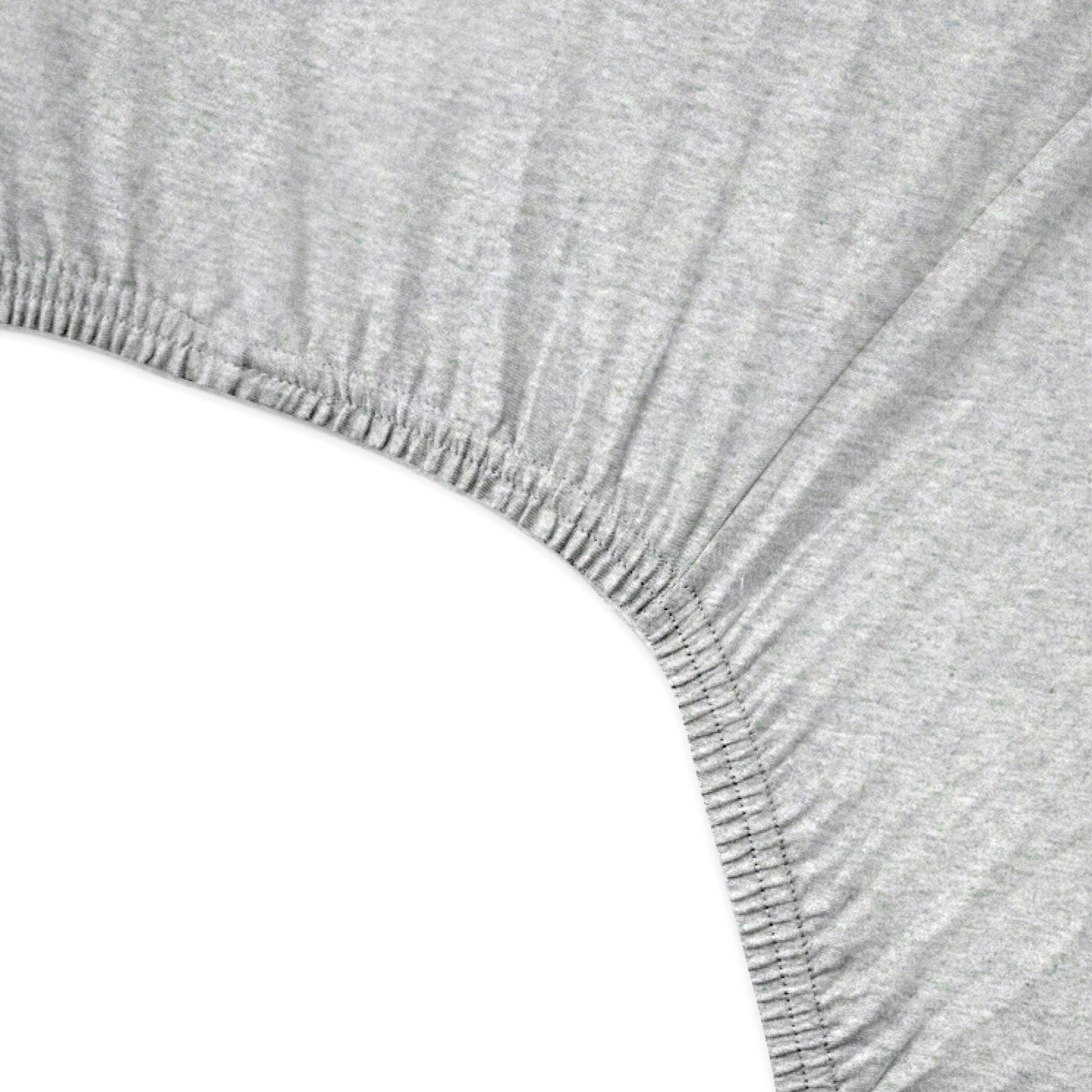 Close-up of a gray fitted sheet corner on a white background