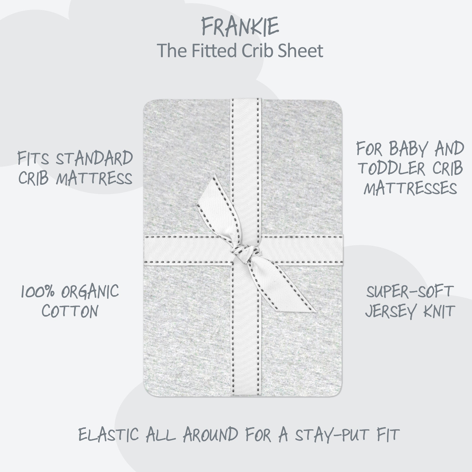 Fitted crib sheet packaging with text detailing features on a white background