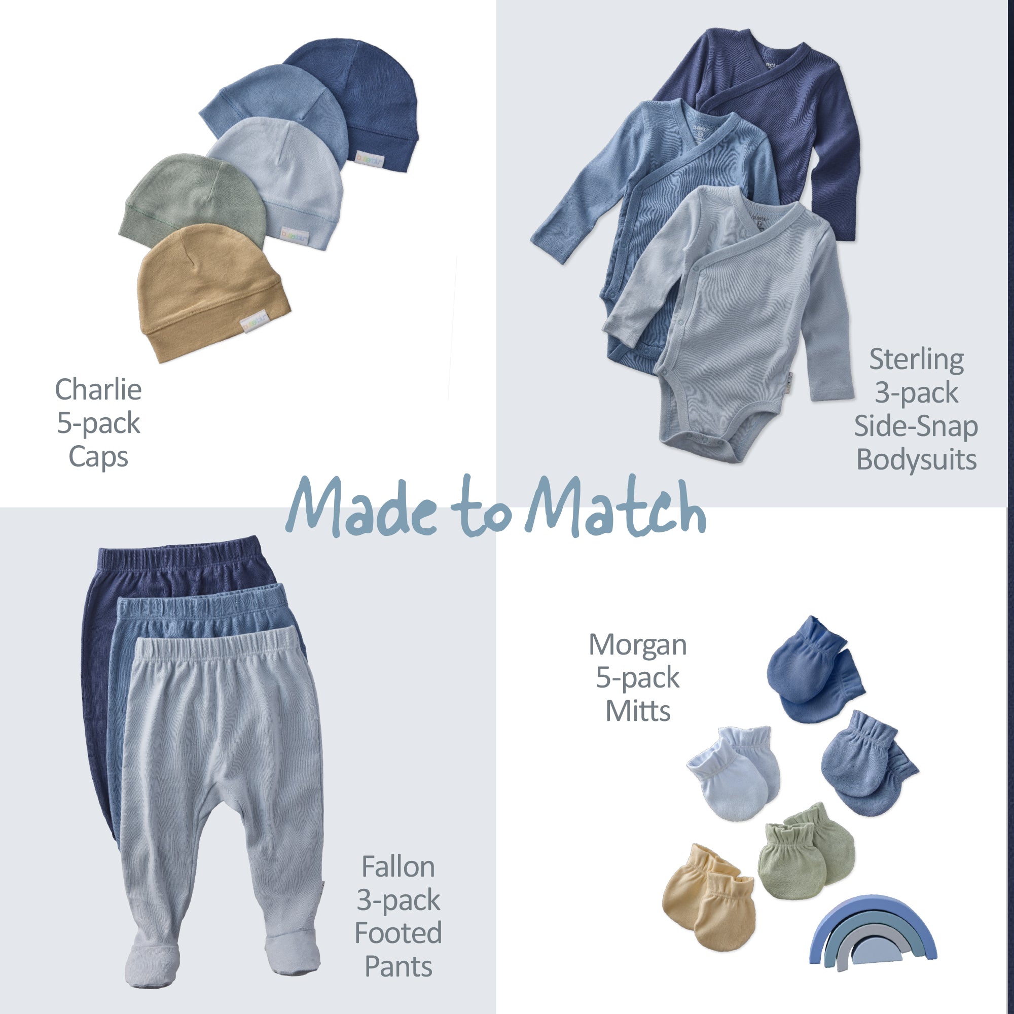 Baby clothing set with caps, bodysuits, pants, and mittens on a white background.