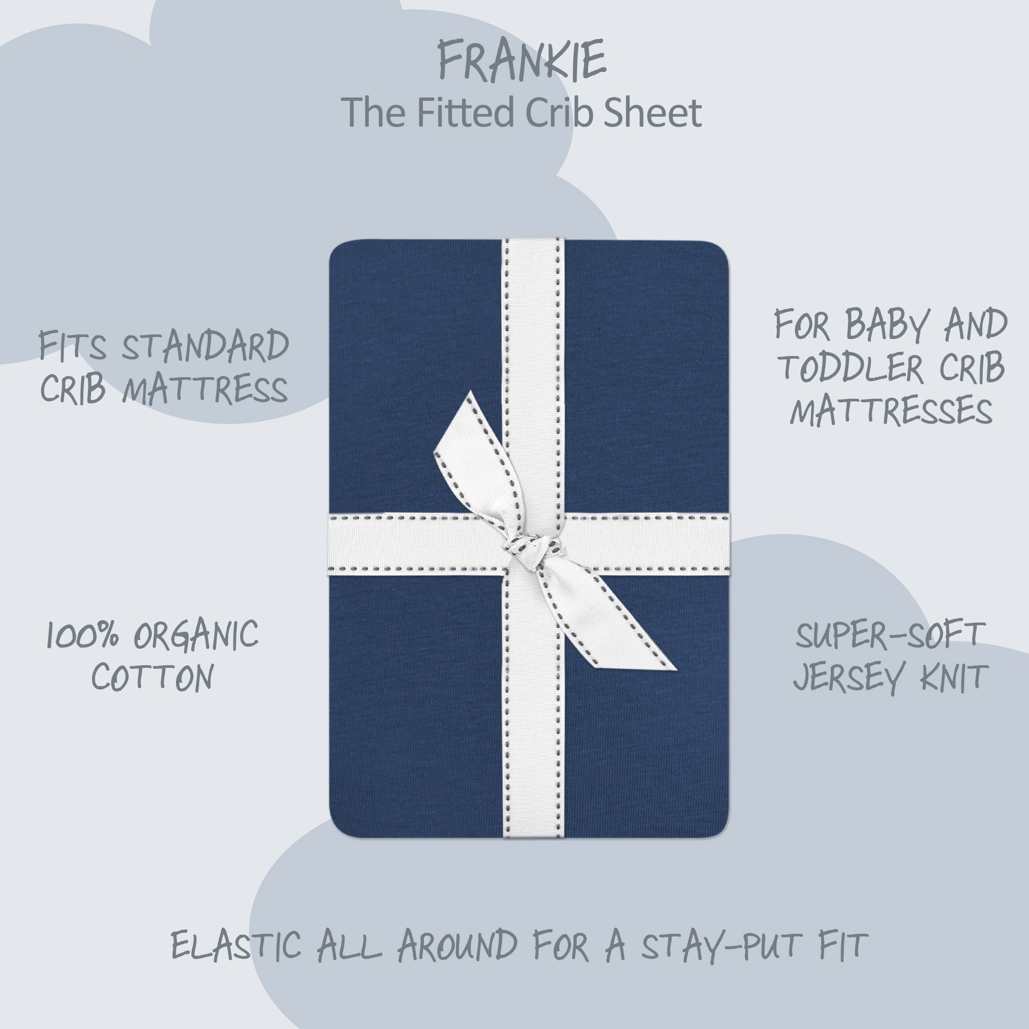 Fitted crib sheet with a white bow on a light blue background, featuring text about the product.