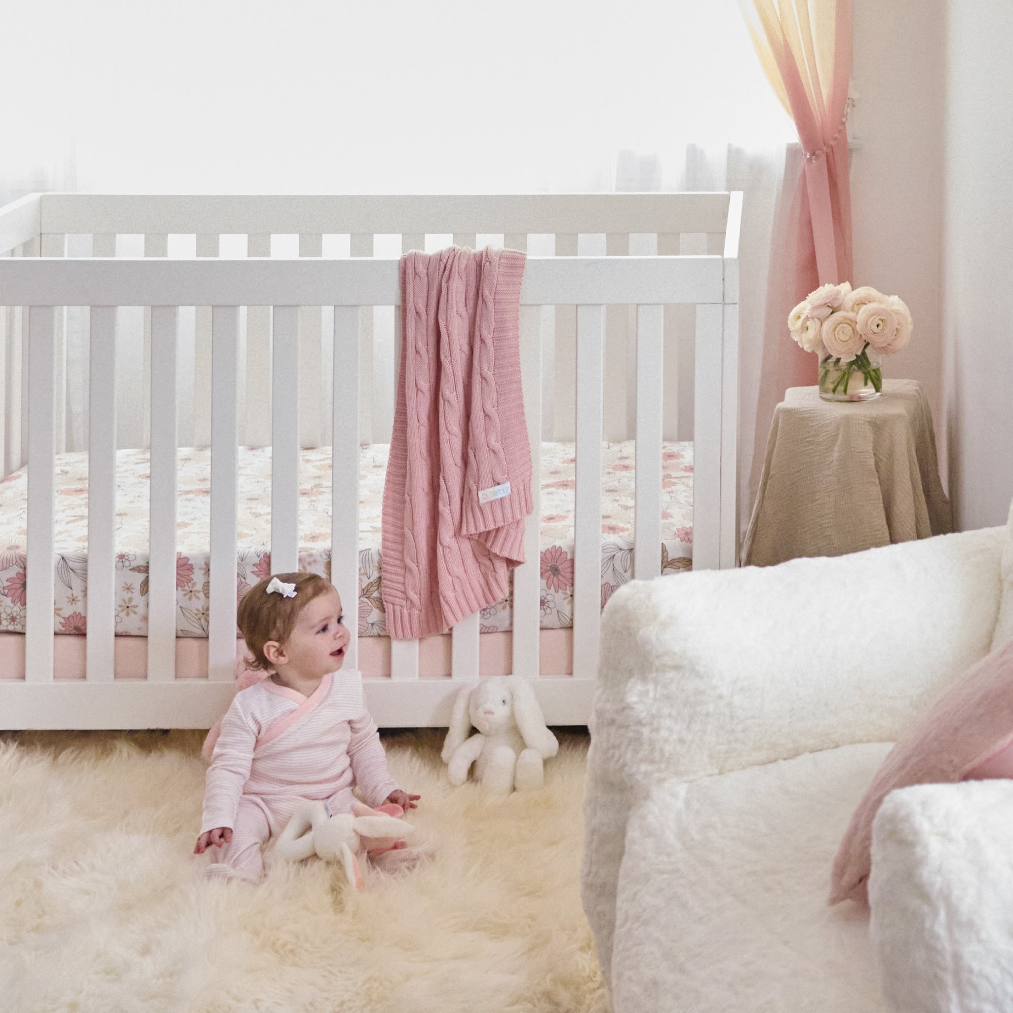Butterblu Frankie fitted crib sheet in Pretty Petals — GOTS-certified organic cotton crib sheet for standard cribs