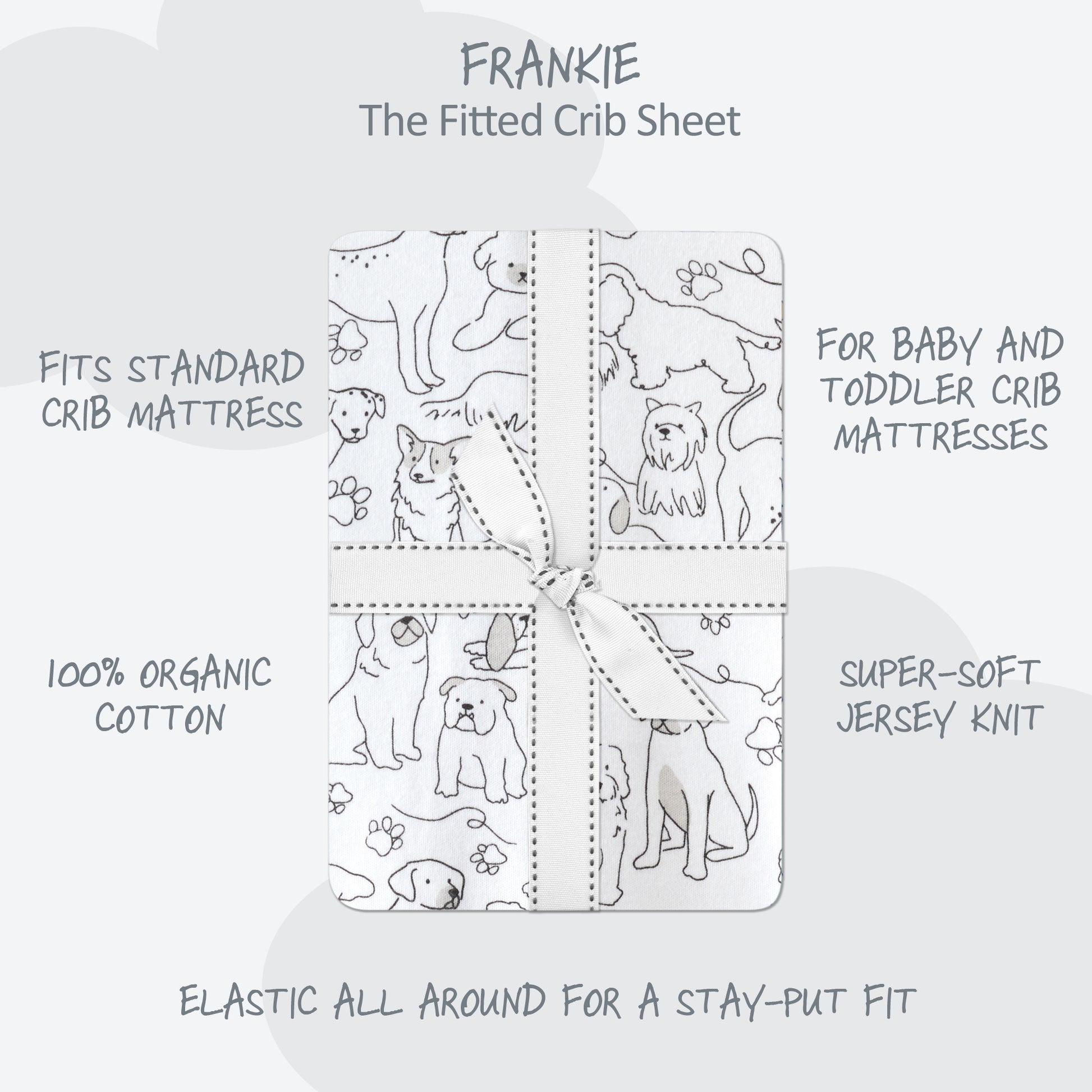 Butterblu Frankie fitted crib sheet in Puppy Party — GOTS-certified organic cotton crib sheet for standard cribs