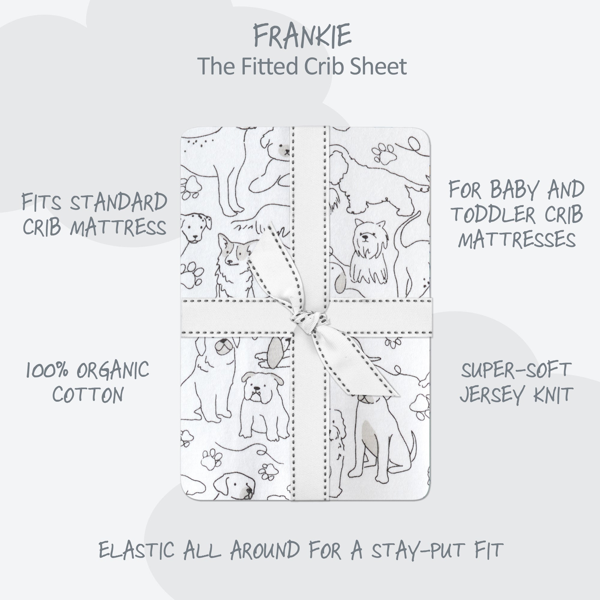 Butterblu Frankie fitted crib sheet in Puppy Party — GOTS-certified organic cotton crib sheet for standard cribs
