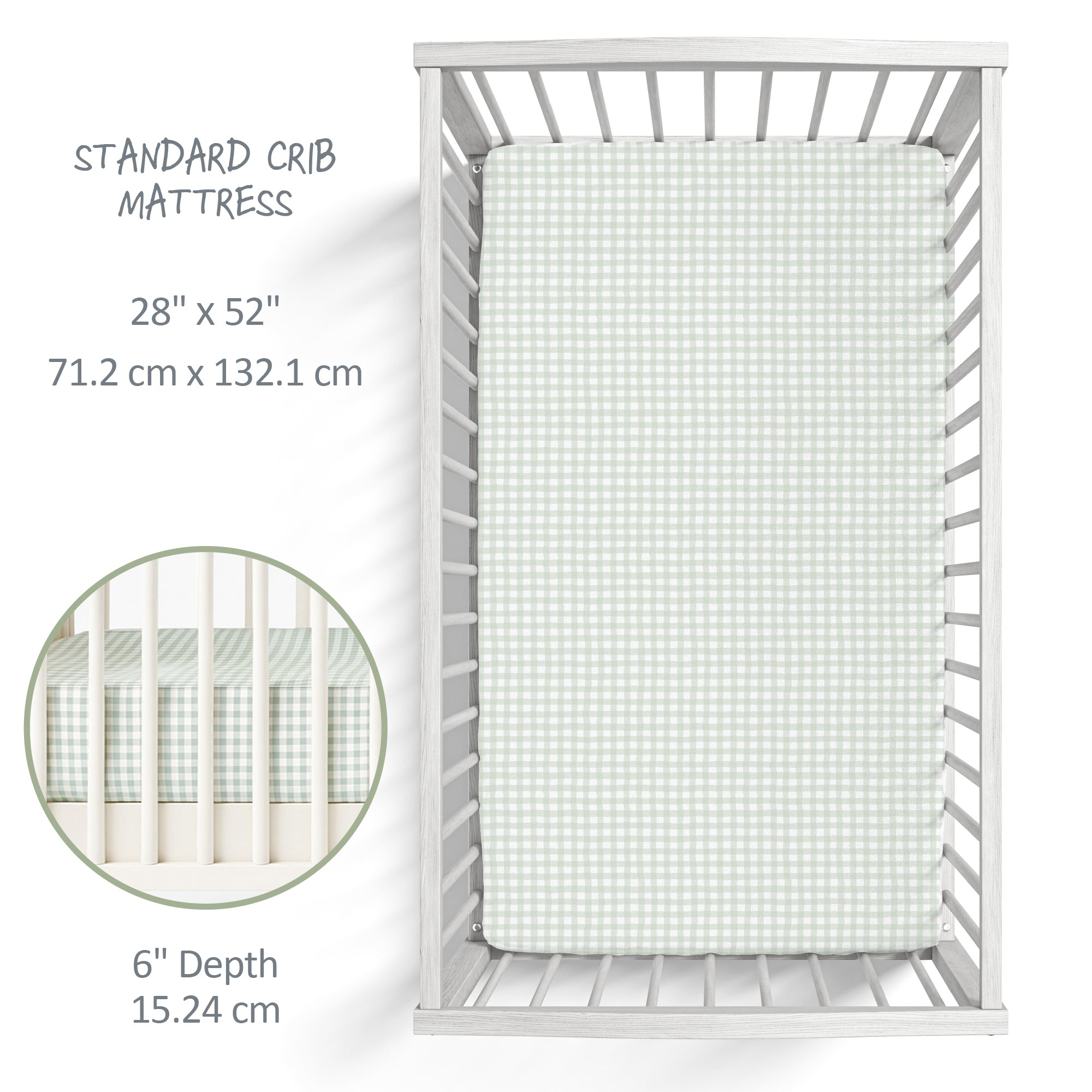 Crib mattress with dimensions and details on a white background