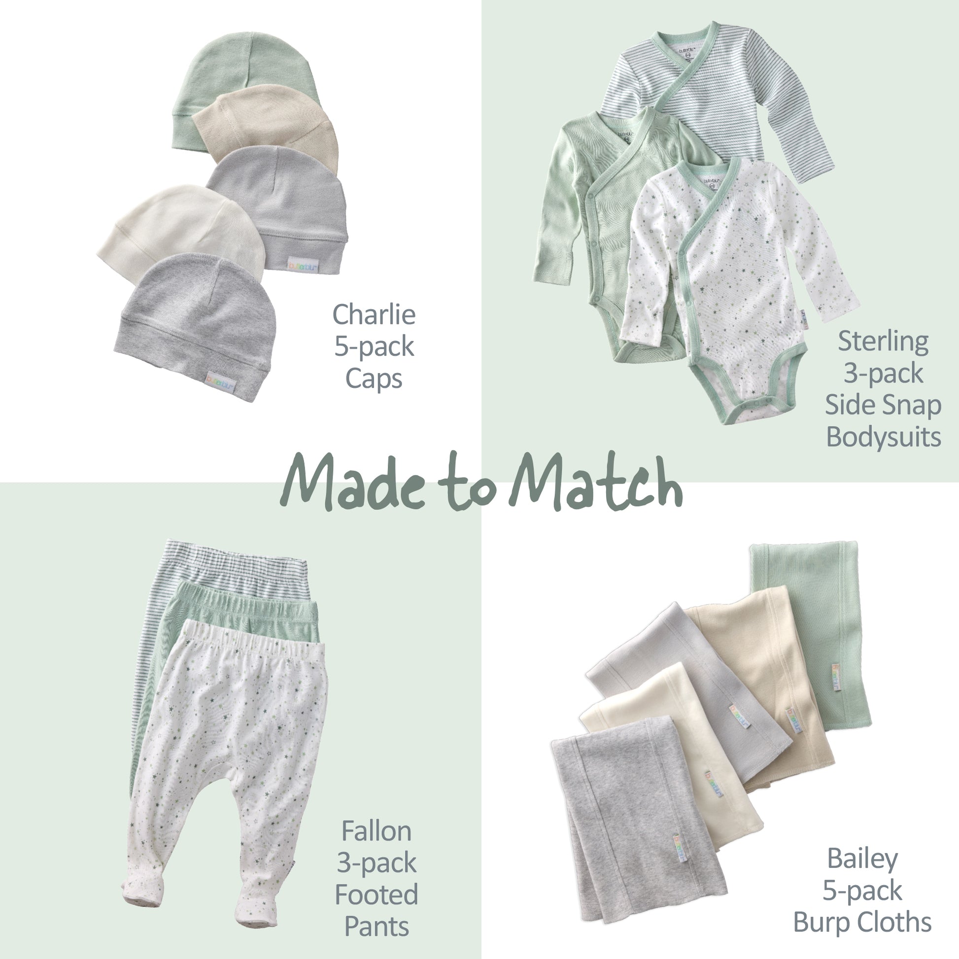 Collection of baby clothing items including caps, bodysuits, pants, and burp cloths on a light green background.