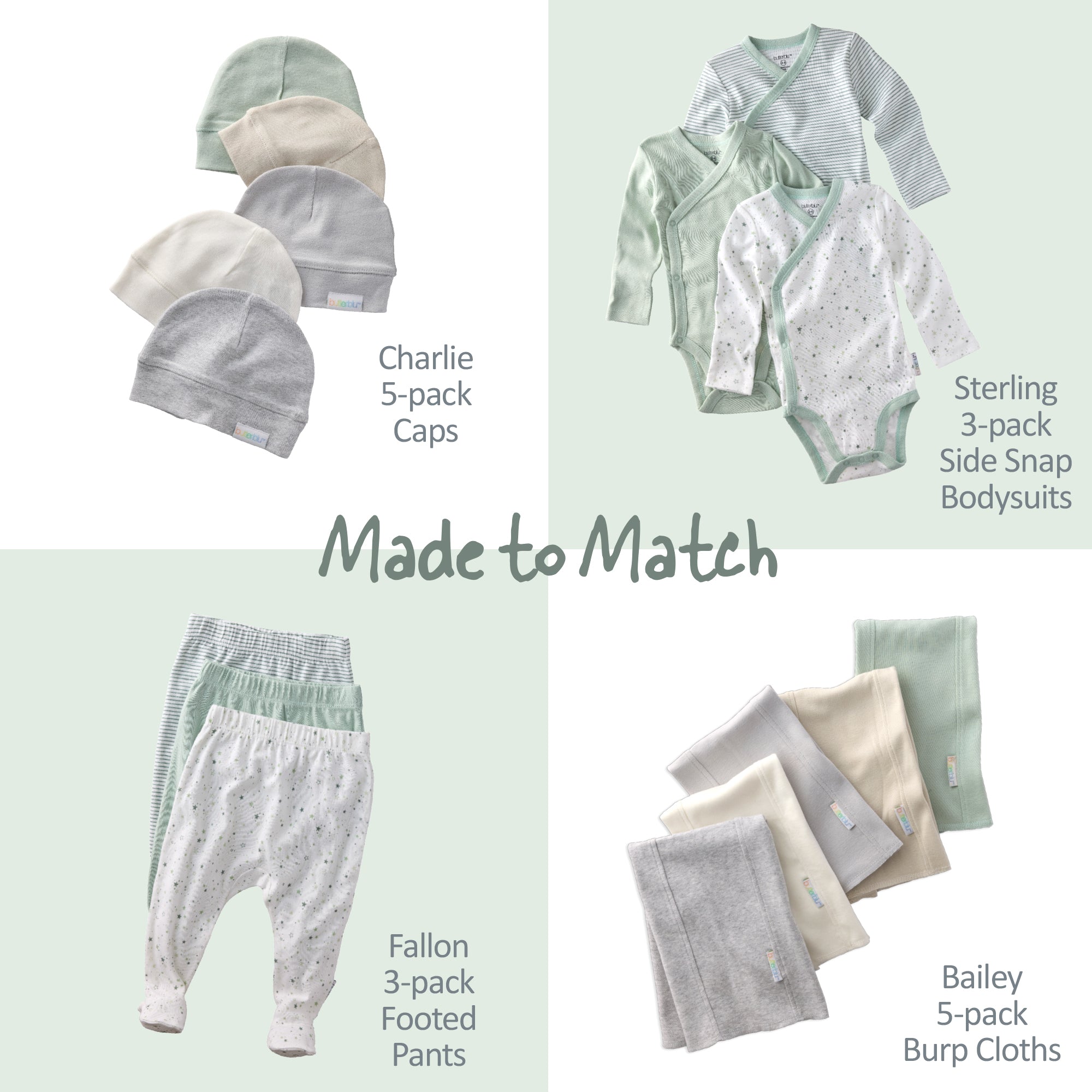 Collection of baby clothing items including caps, bodysuits, pants, and burp cloths on a light green background.