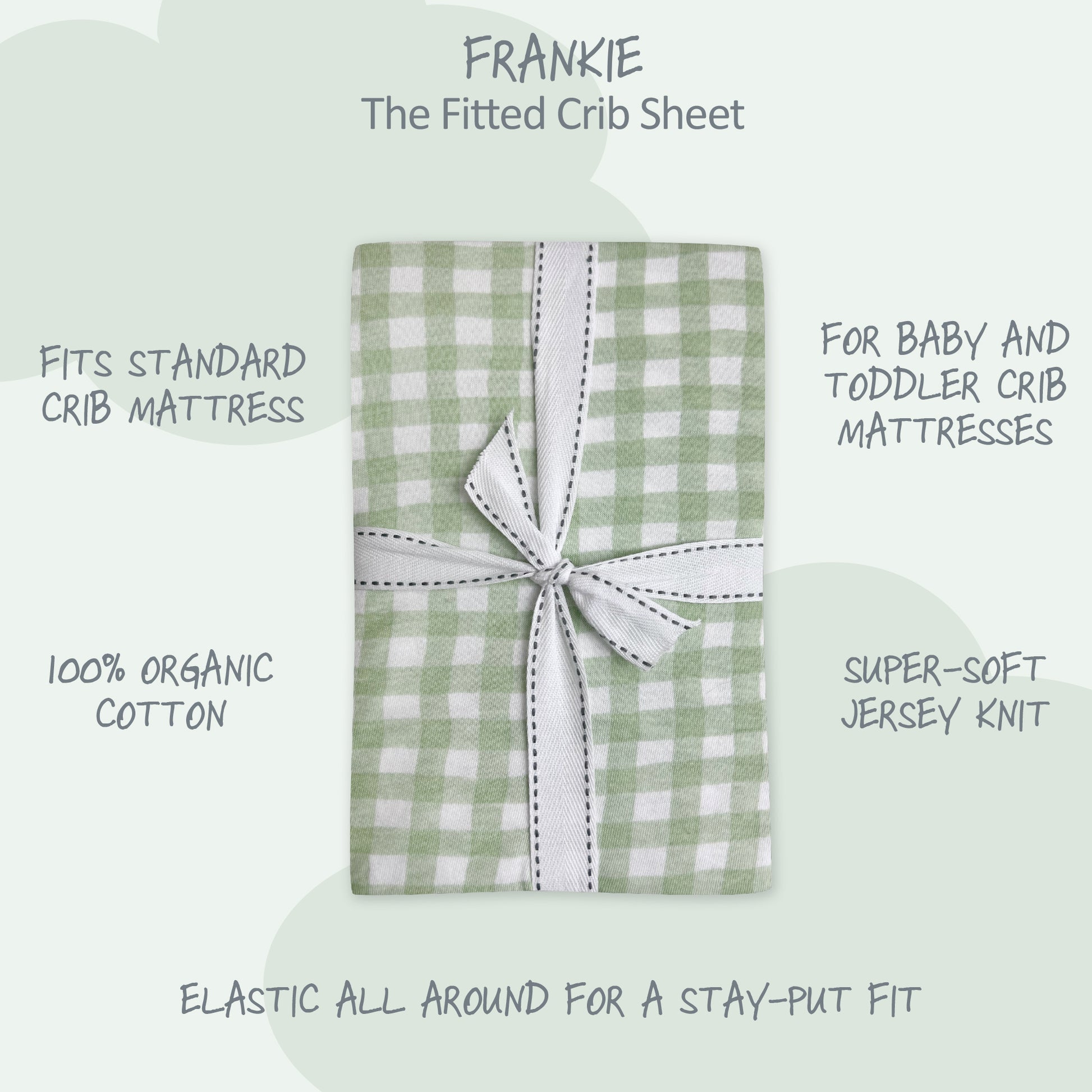 Green and white checkered crib sheet with text describing features on a light green background