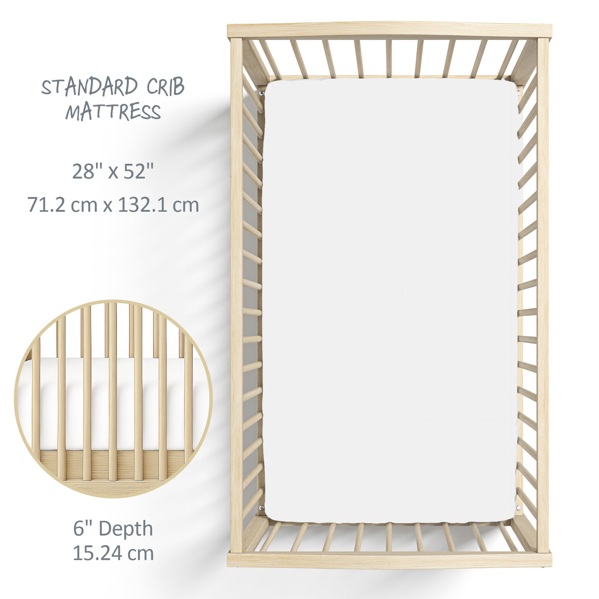 Wooden crib with mattress and dimensions displayed