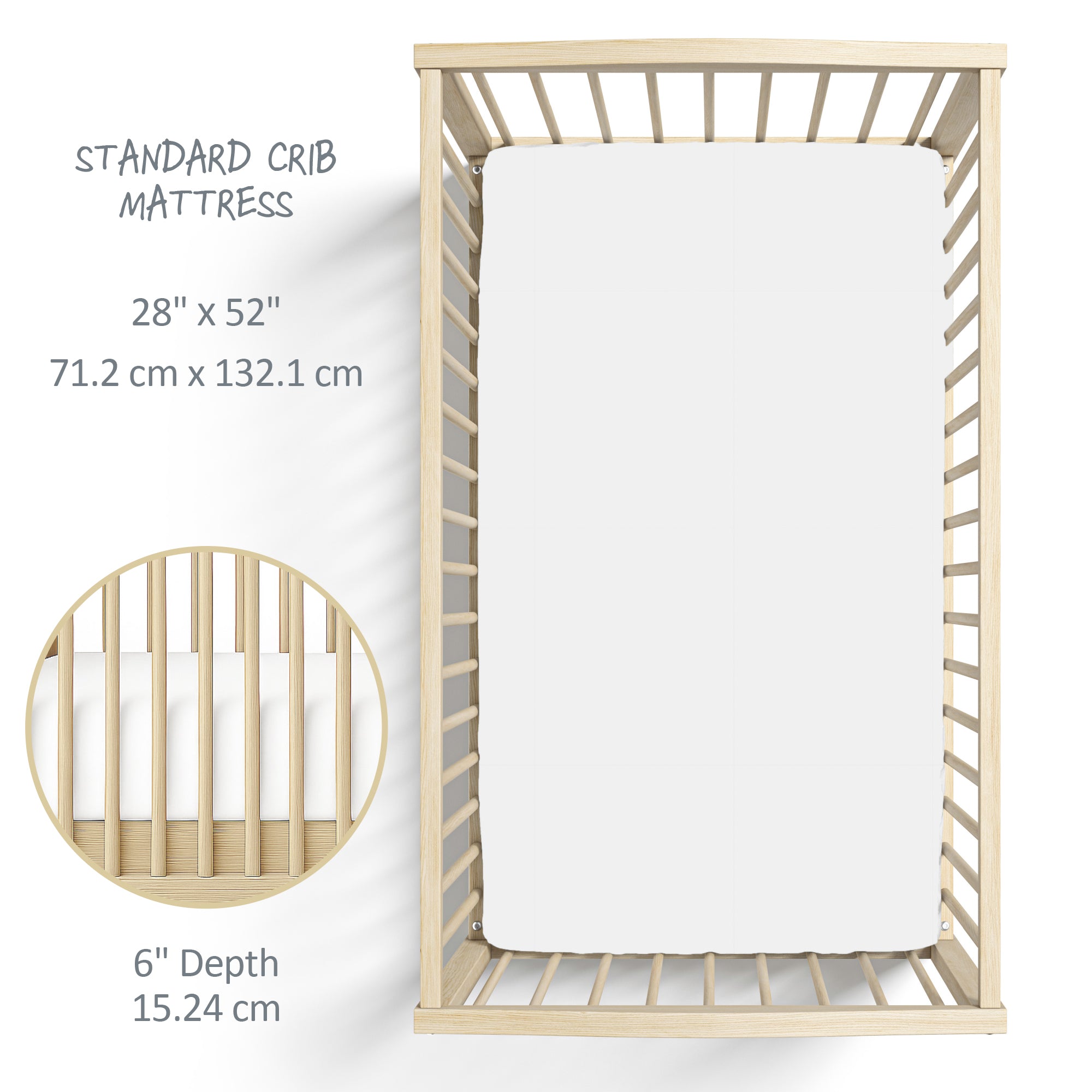 Wooden crib with mattress and dimensions displayed