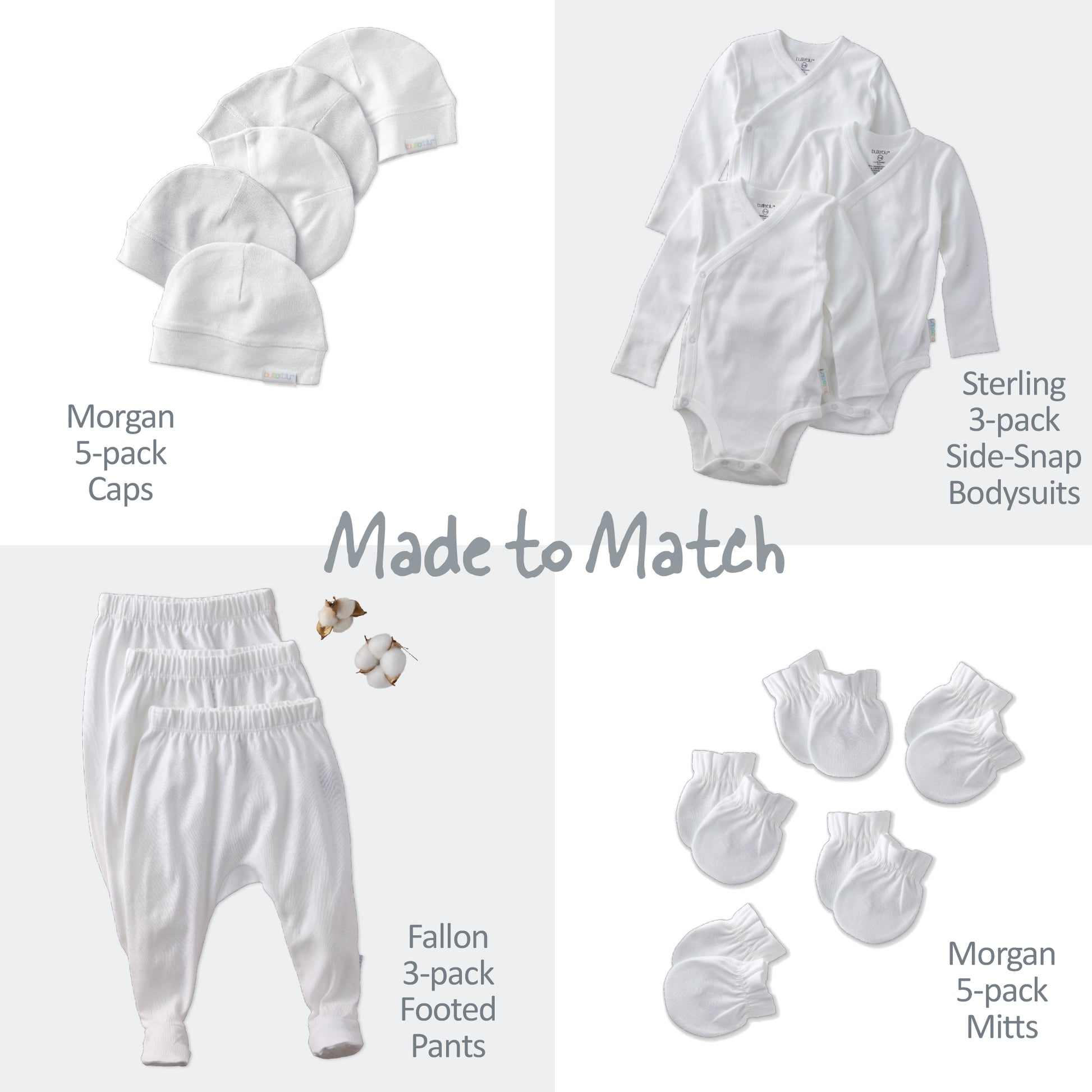 Baby clothing set with caps, bodysuits, pants, and mitts on a white background.