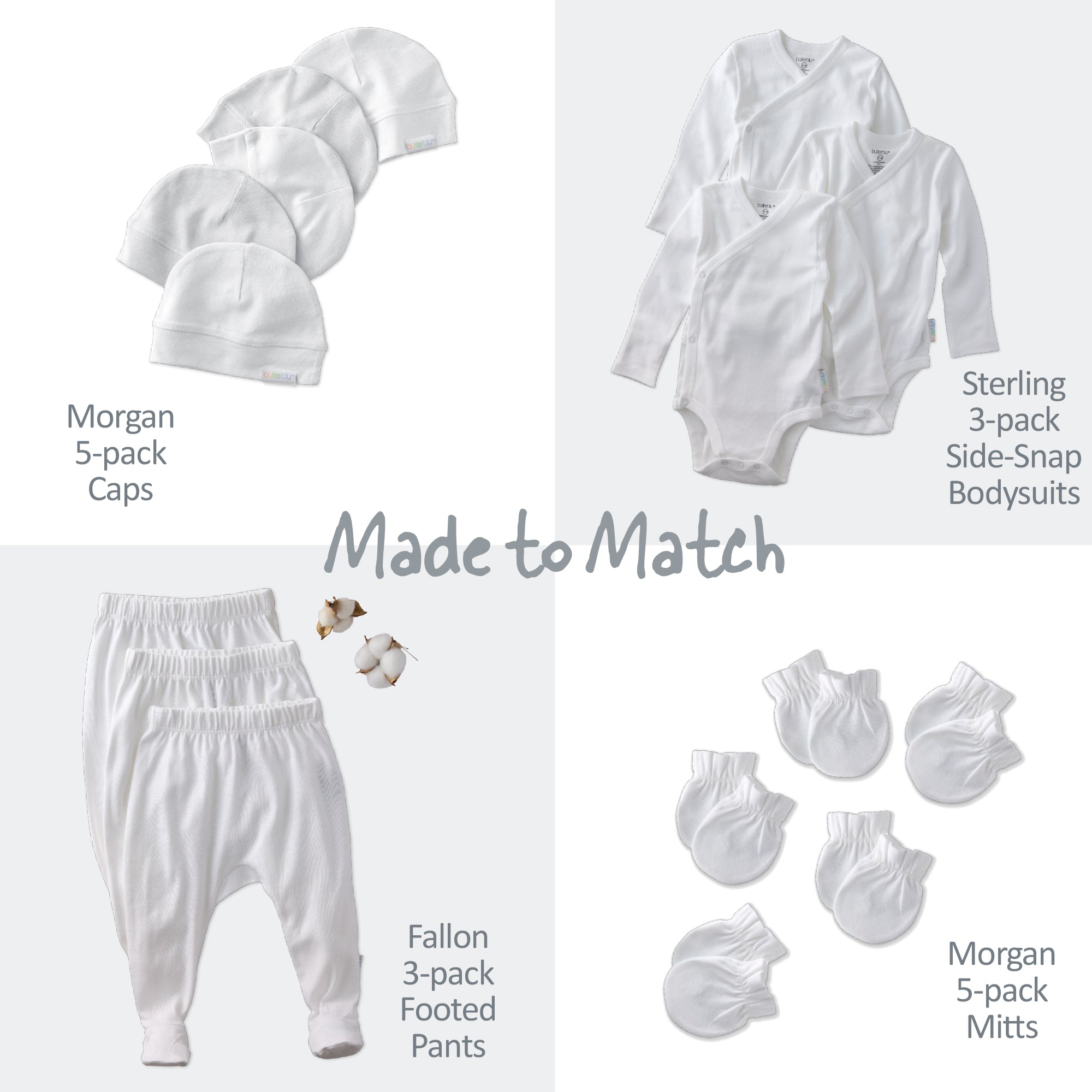 Baby clothing set with caps, bodysuits, pants, and mitts on a white background.