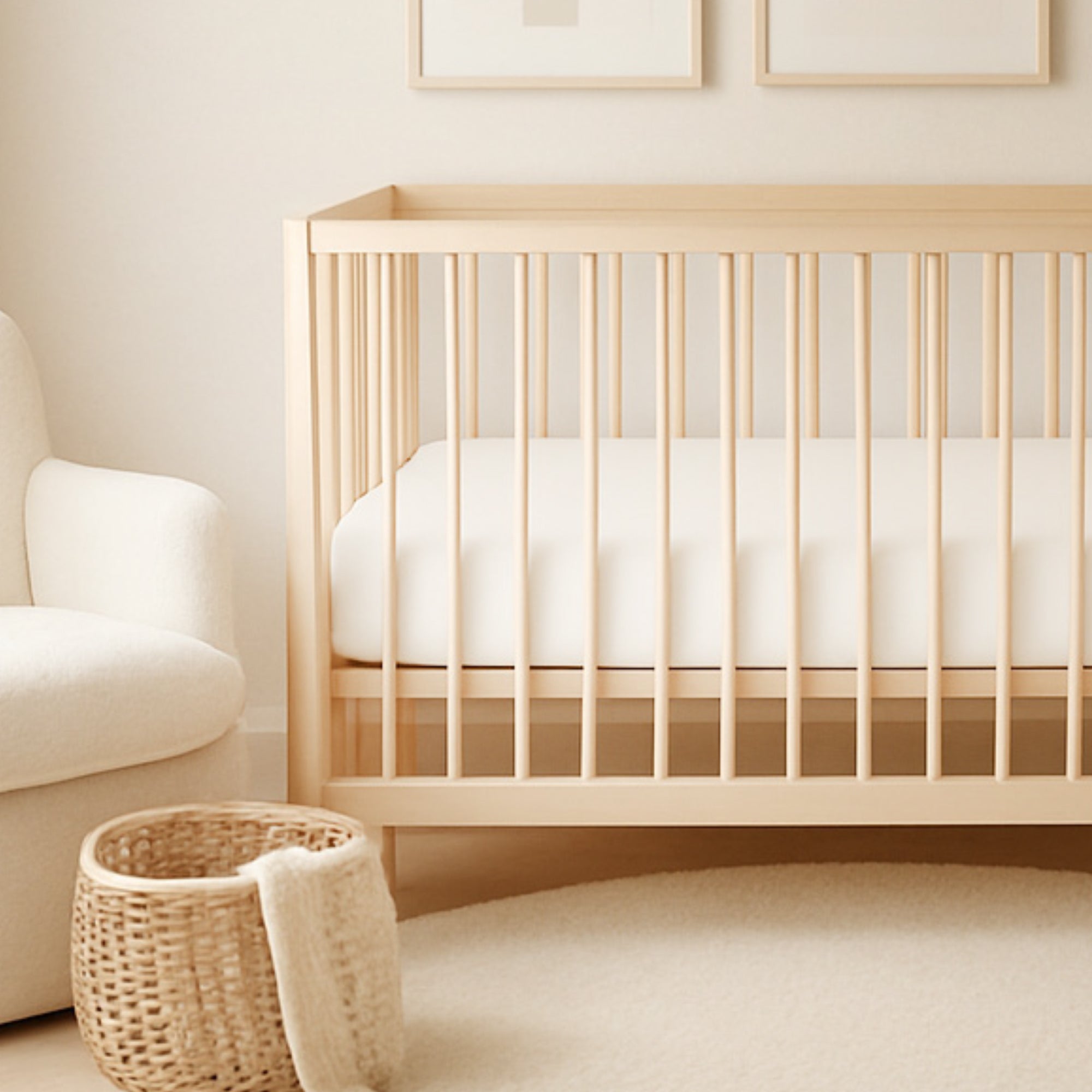 Wooden crib in a nursery with a beige sofa and wicker basket.