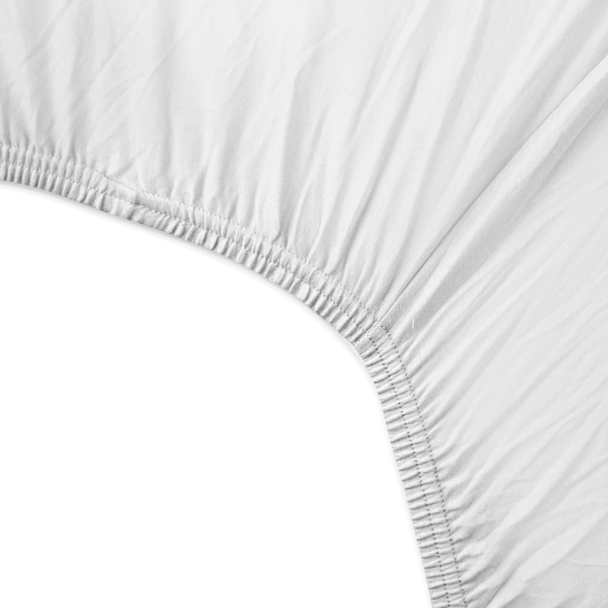 Close-up of a white fitted sheet with elastic band on a white background