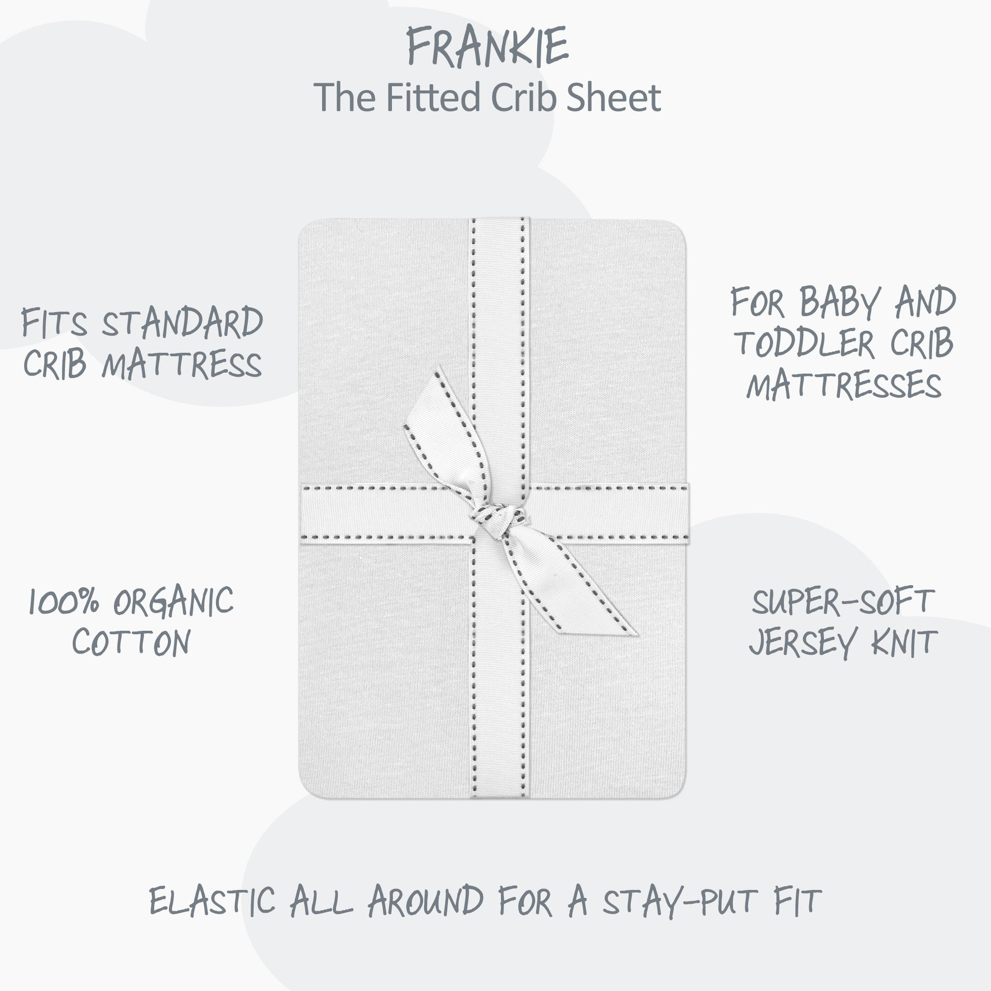 Fitted crib sheet with features listed on a white background
