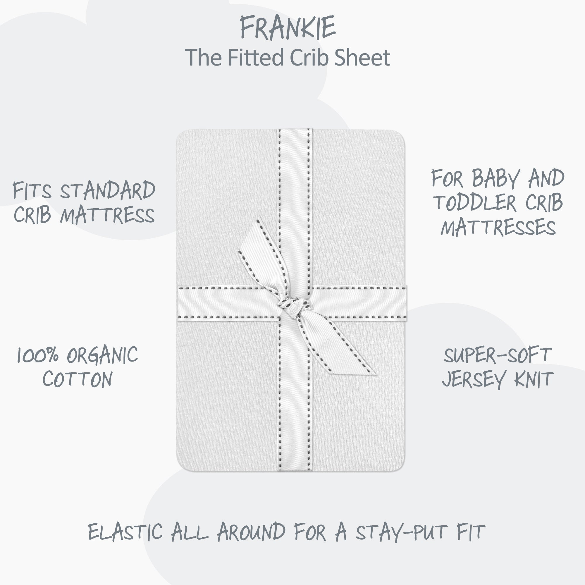 Fitted crib sheet with features listed on a white background