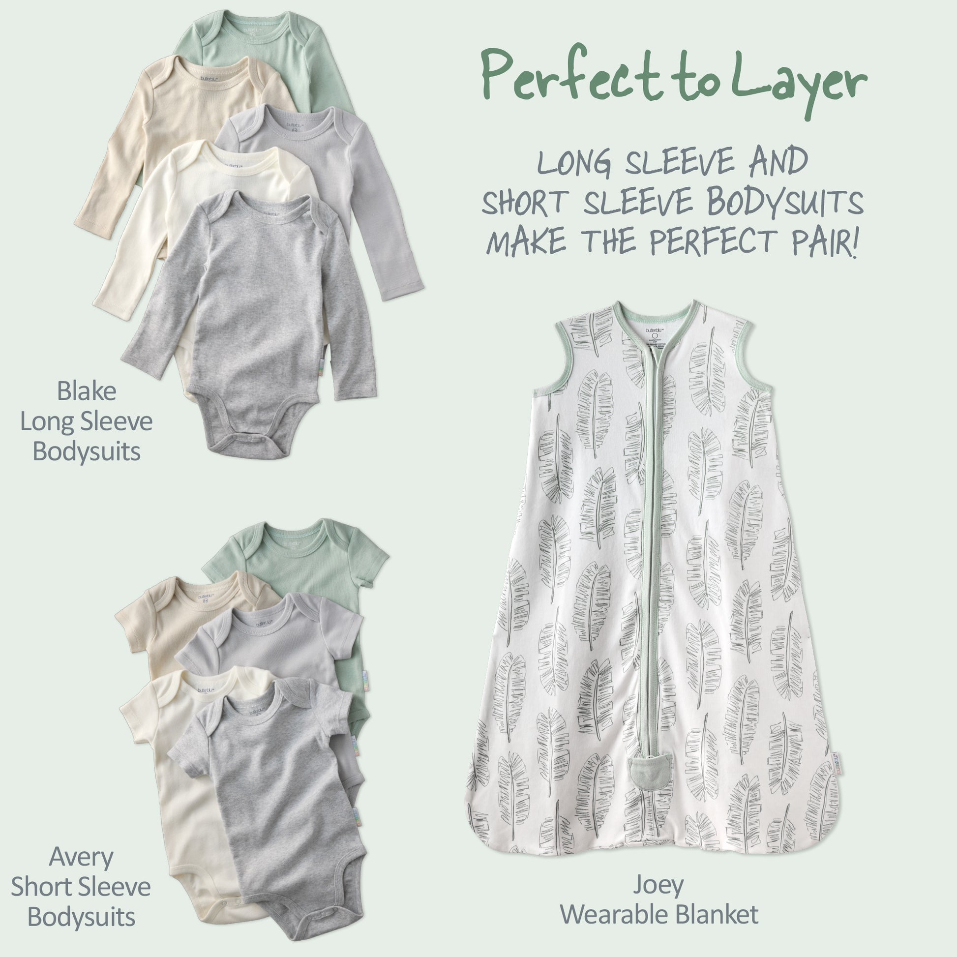 Baby clothing including long-sleeve and short-sleeve bodysuits and a wearable blanket on a light blue background.