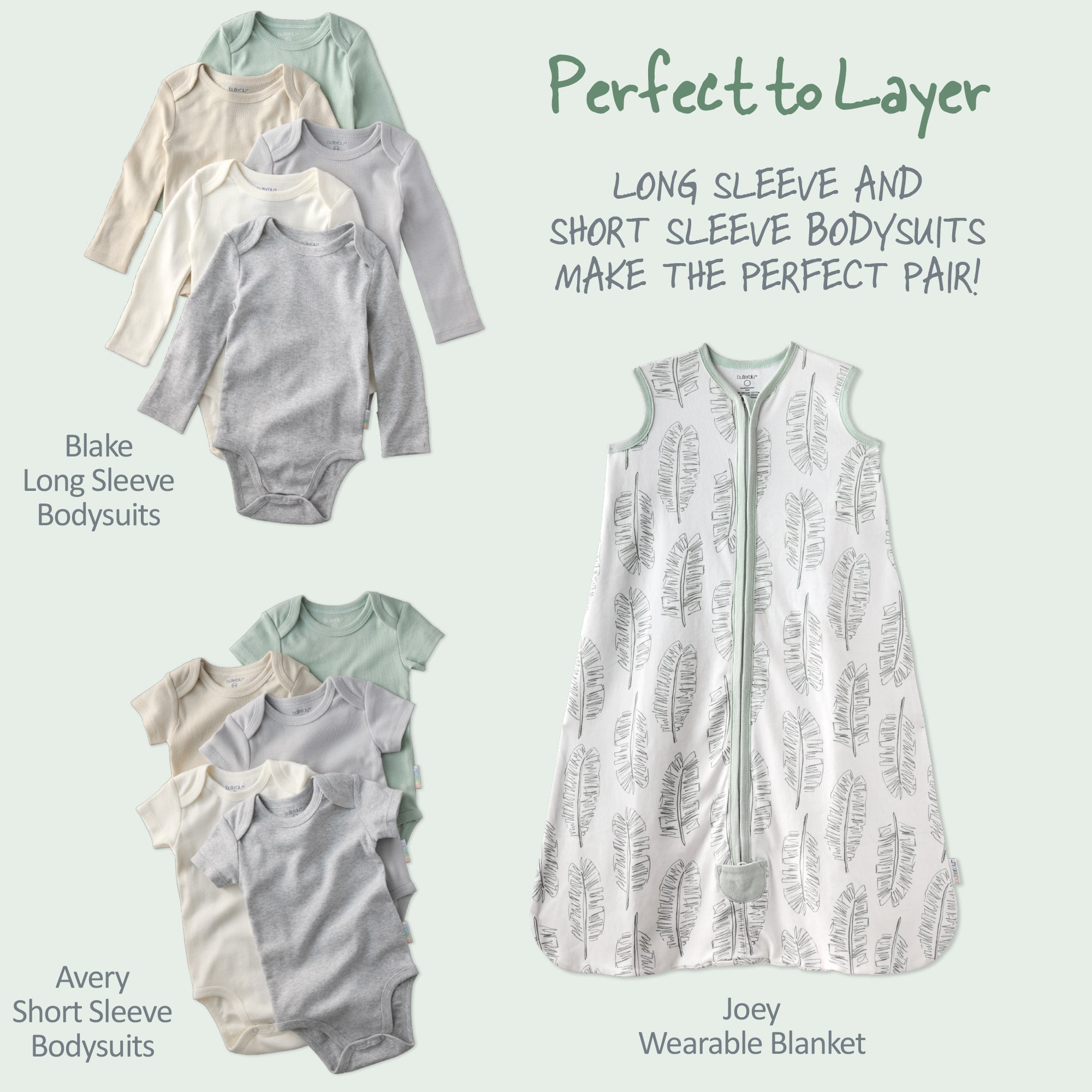 Baby clothing including long-sleeve and short-sleeve bodysuits and a wearable blanket on a light blue background.