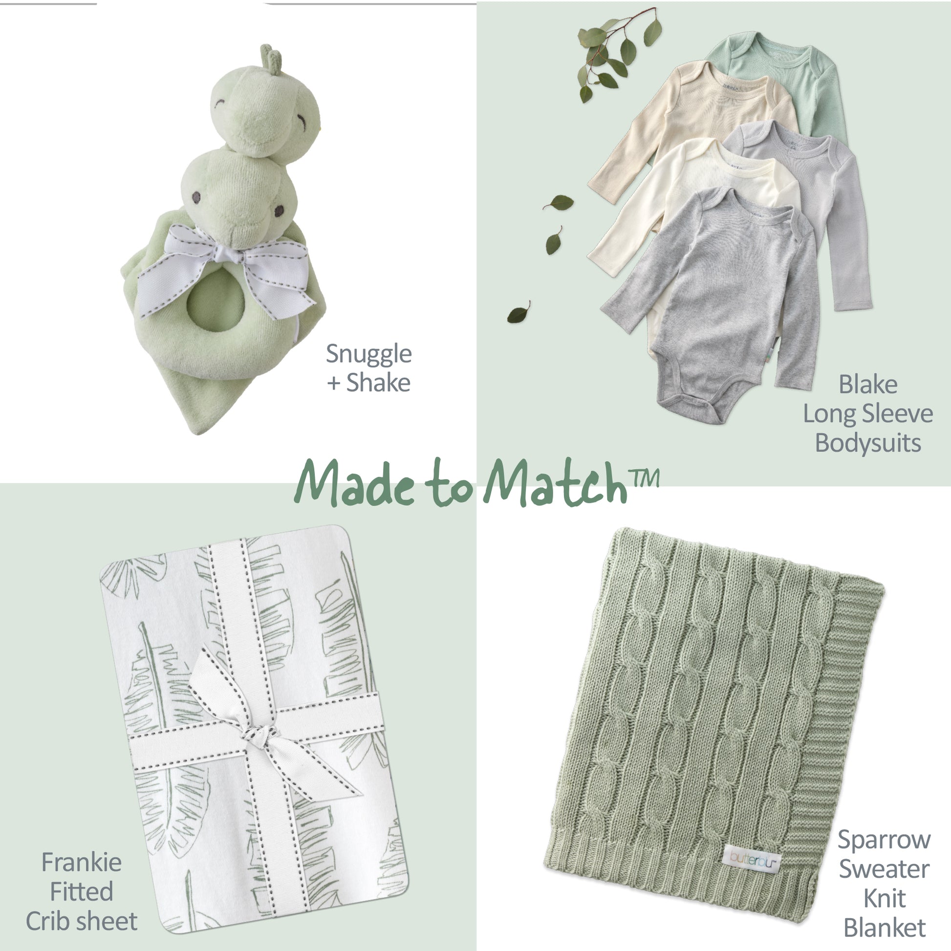 Collage of baby products including a green rattle, bodysuits, crib sheet, and blanket with 'Made to Match' text.