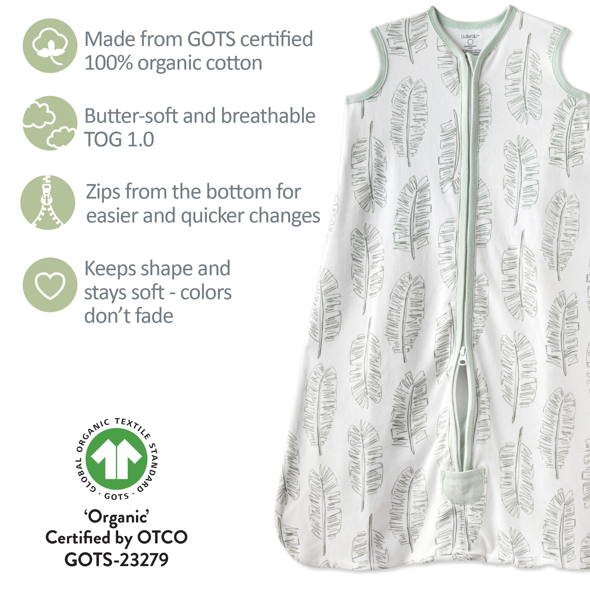 Baby sleeping bag with leaf pattern and certification details on a white background