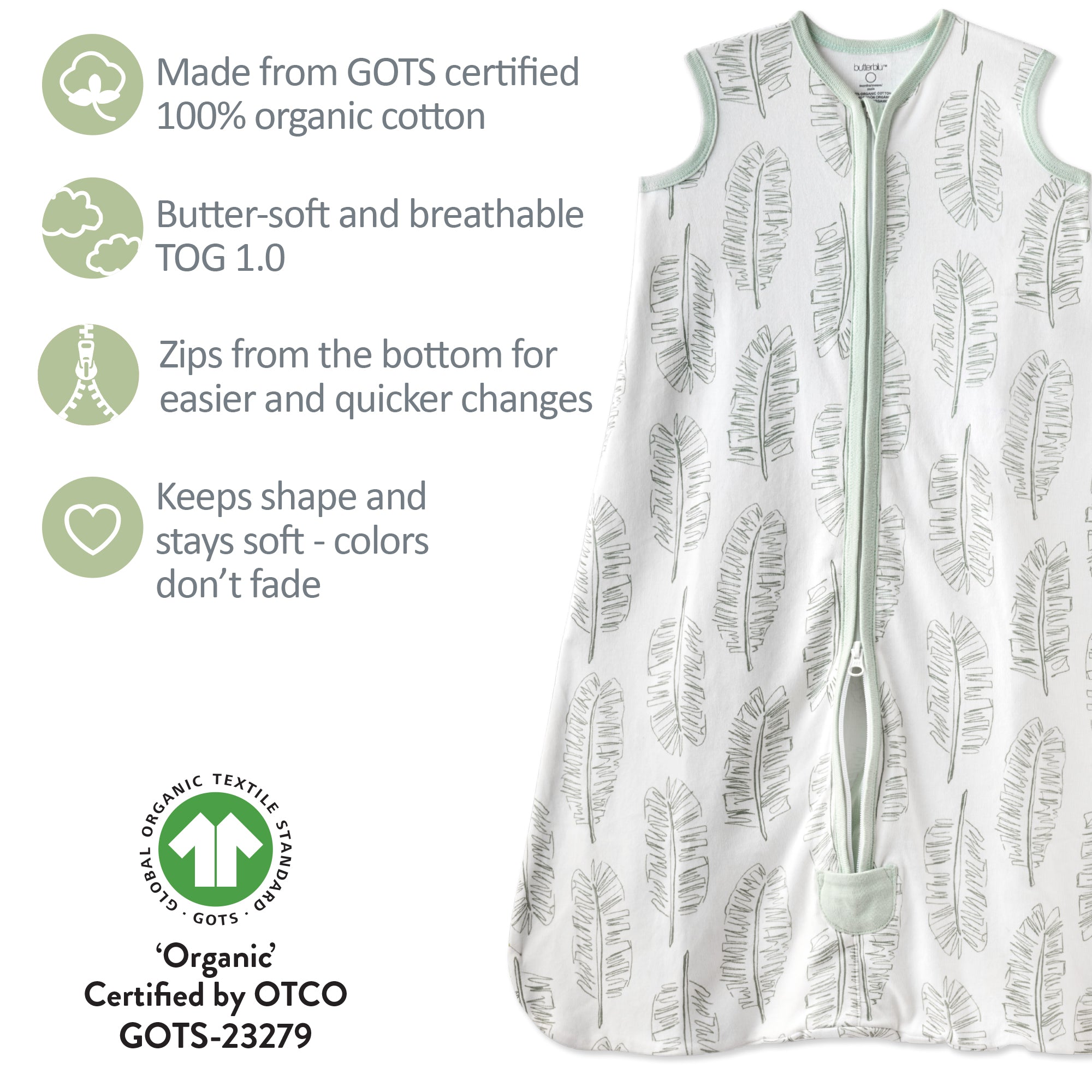 Baby sleeping bag with leaf pattern and certification details on a white background