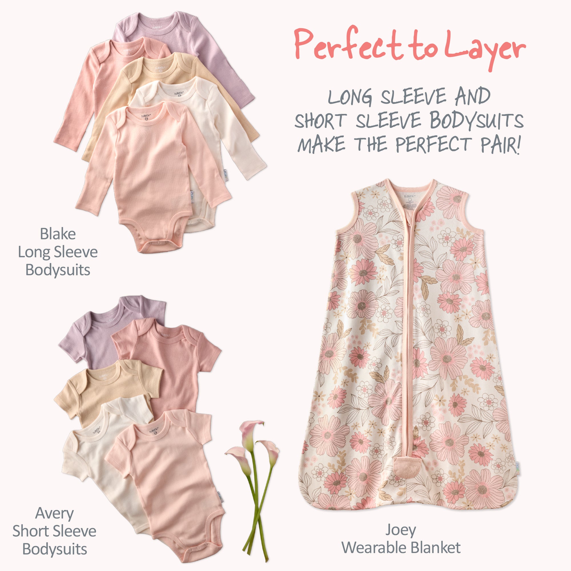 Baby clothing set with long-sleeve and short-sleeve bodysuits and a floral wearable blanket on a white background.