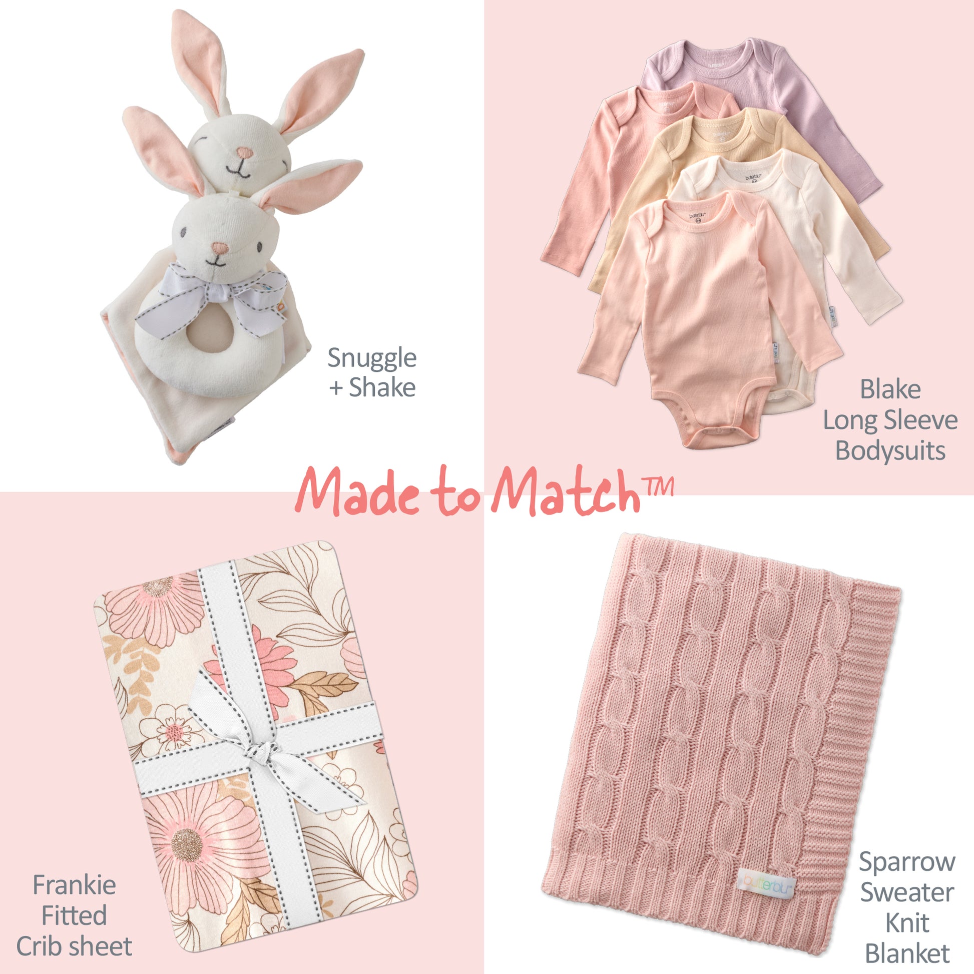 Baby products including a bunny rattle, bodysuits, crib sheet, and blanket on a pink background.