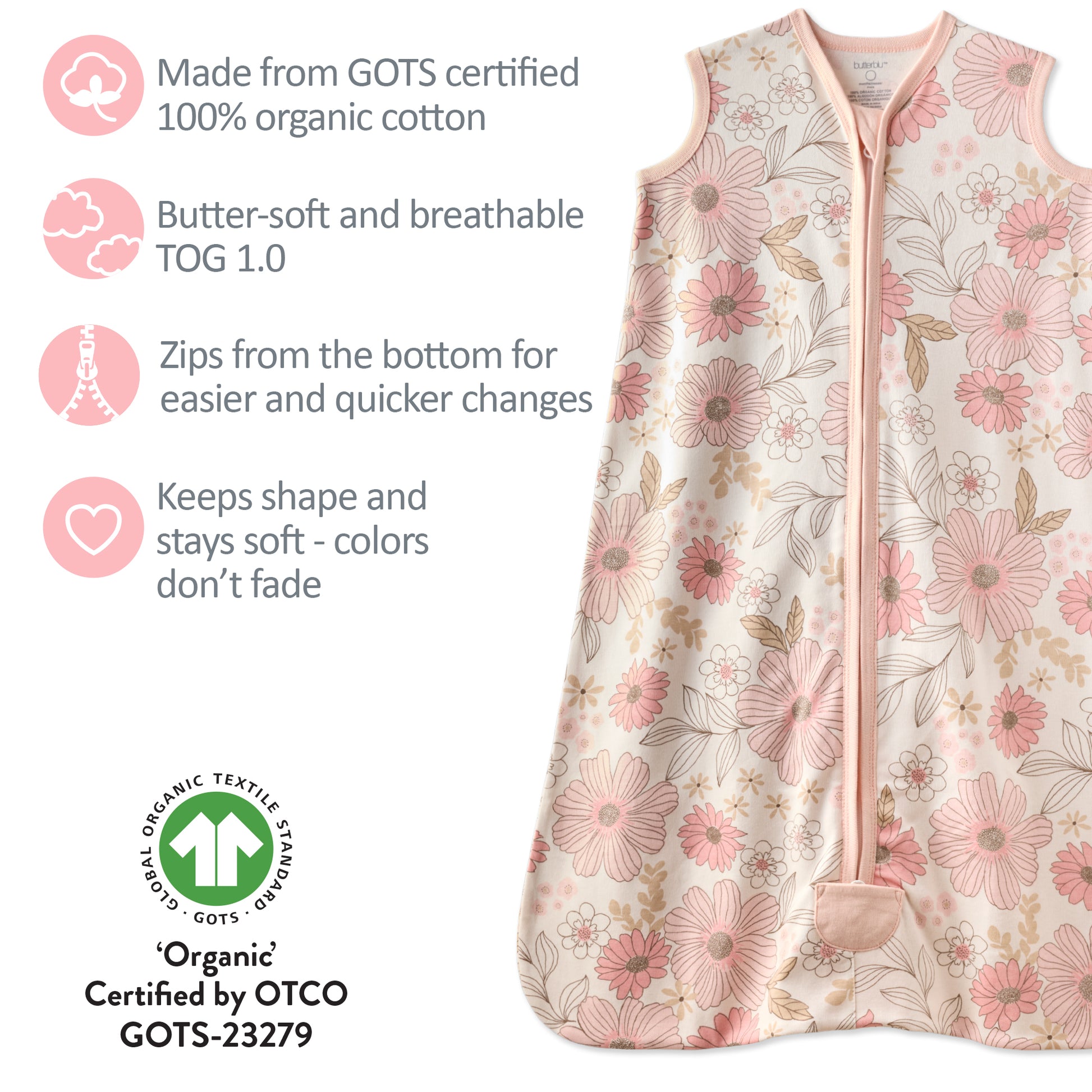 Floral patterned baby sleeping bag with certification details on a white background