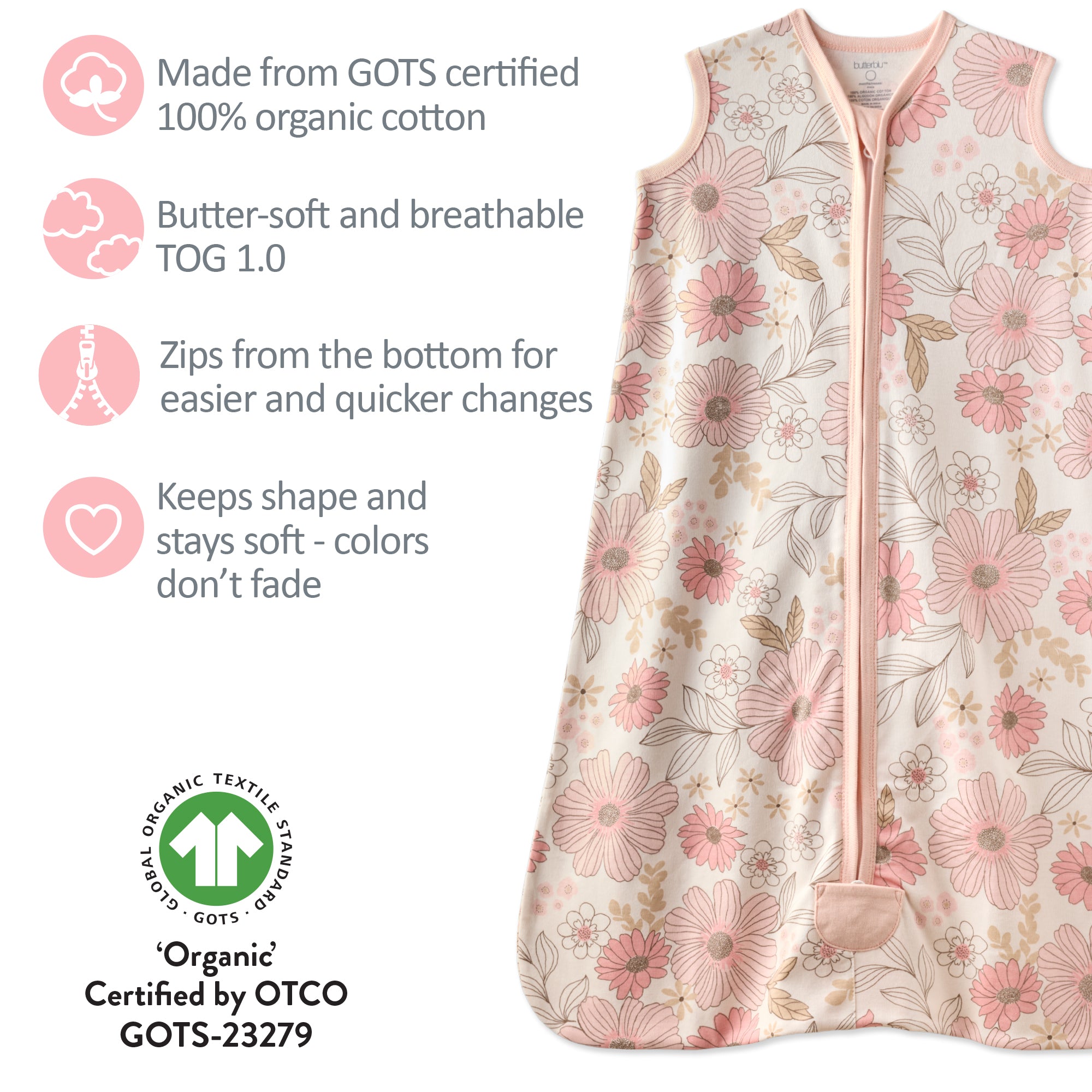 Floral patterned baby sleeping bag with certification details on a white background