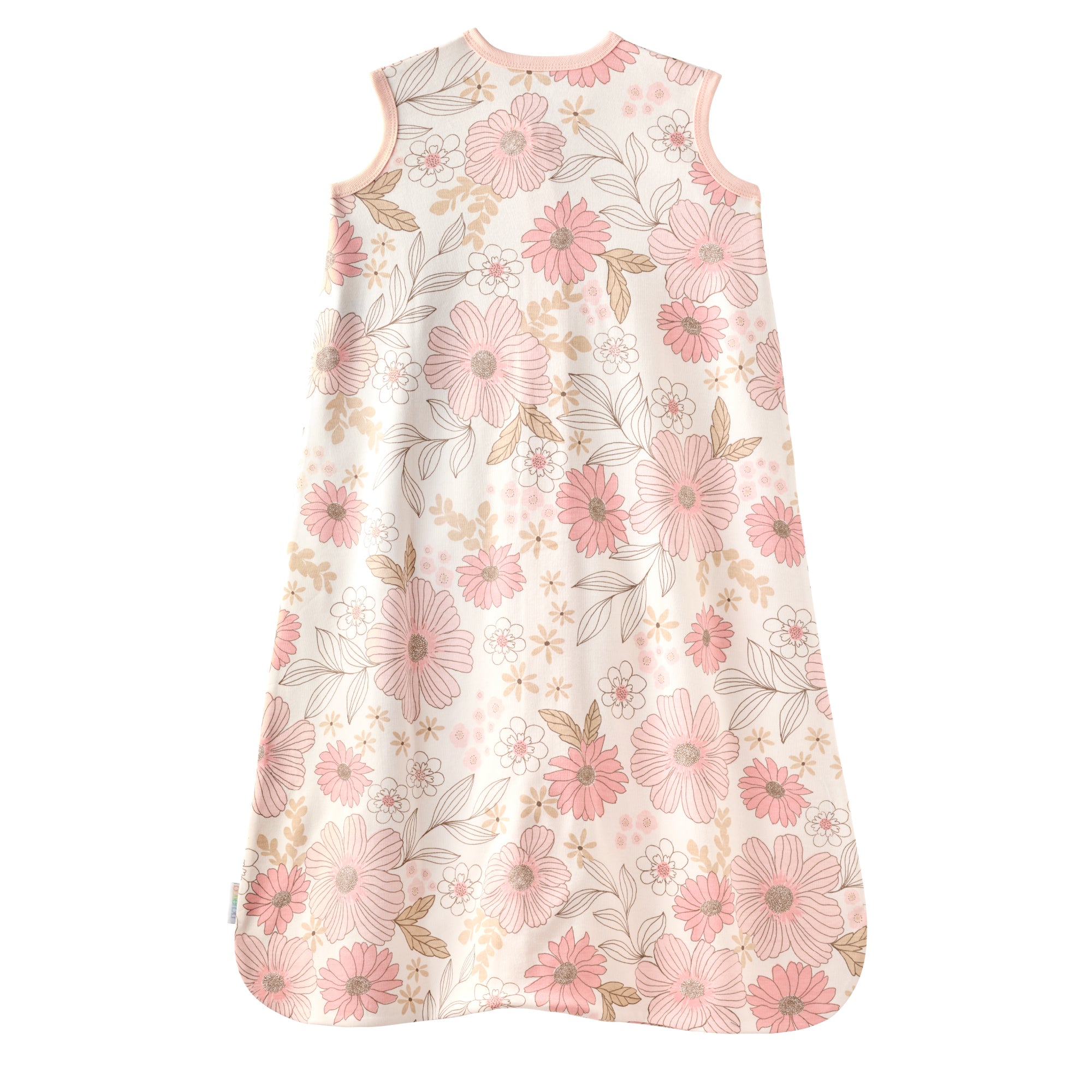 Floral patterned baby sleeping bag on a white background