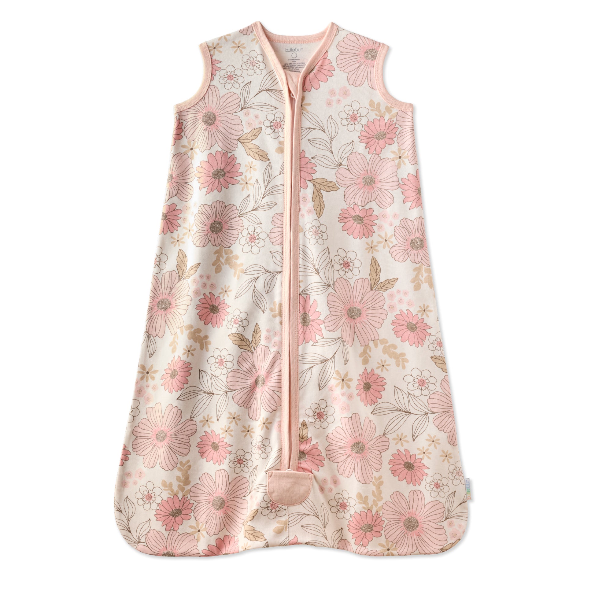 Floral patterned baby sleeping bag on a white background