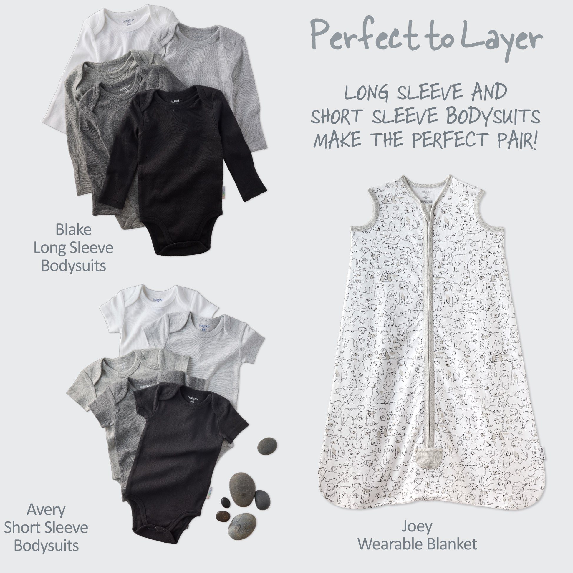 Baby clothing set with bodysuits and a wearable blanket on a light gray background.