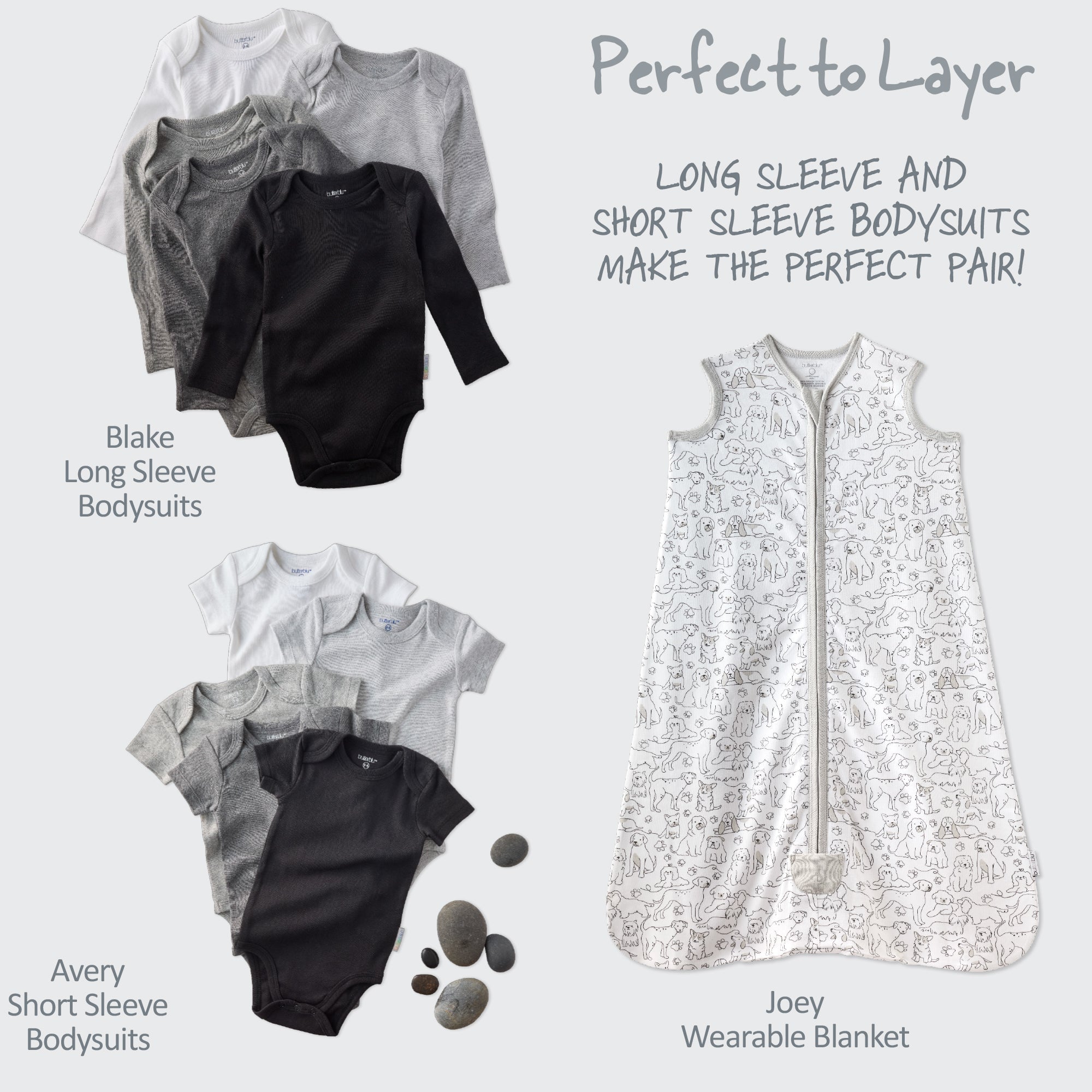 Baby clothing set with bodysuits and a wearable blanket on a light gray background.
