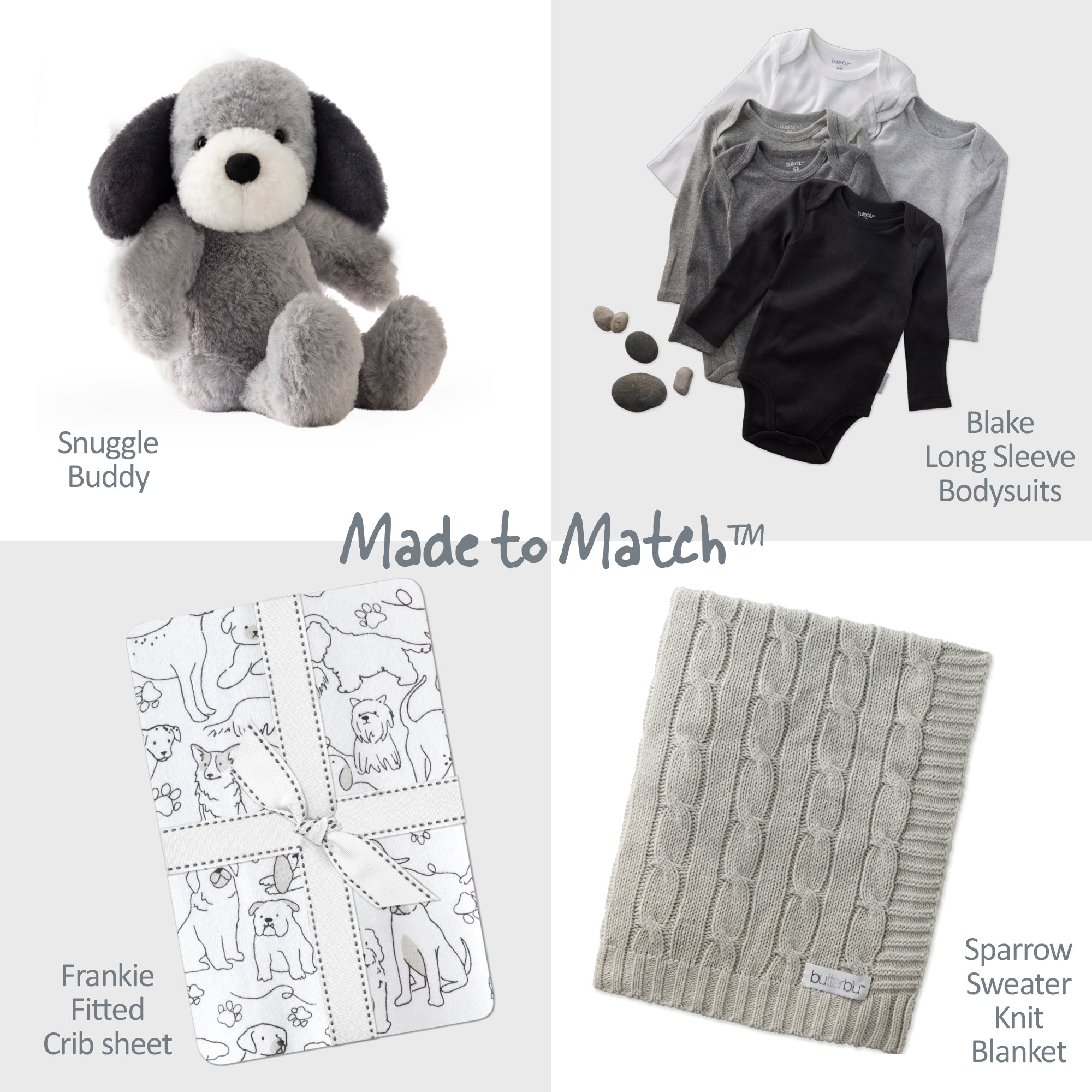 Collection of baby products including a stuffed dog, bodysuits, crib sheet, and blanket with 'Made to Match' text.