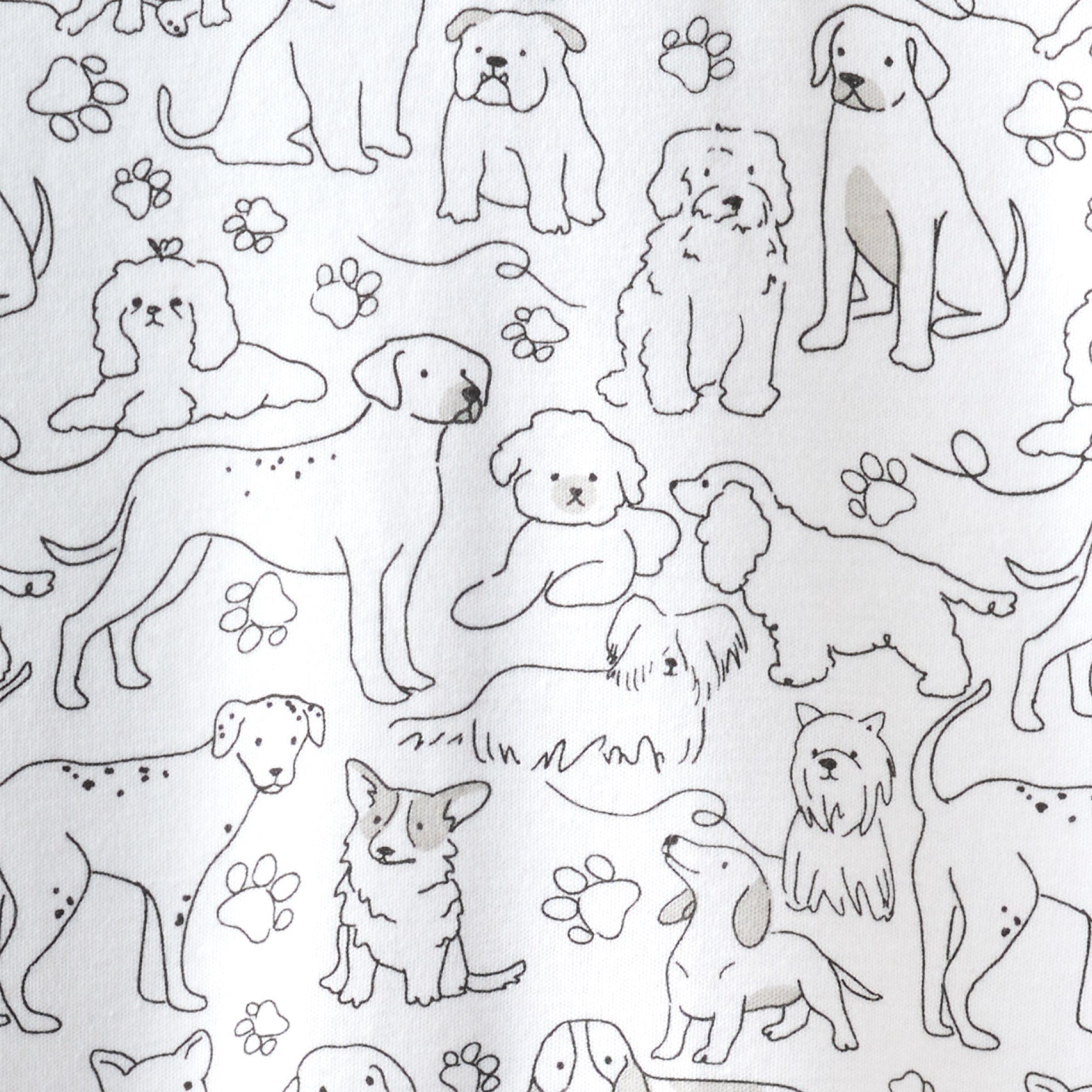 Pattern of black line drawings of dogs on a white background
