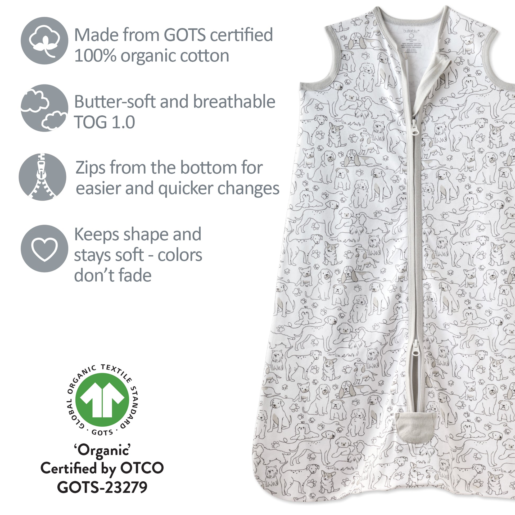 Baby sleeping bag with zippers and organic cotton certification details on a white background